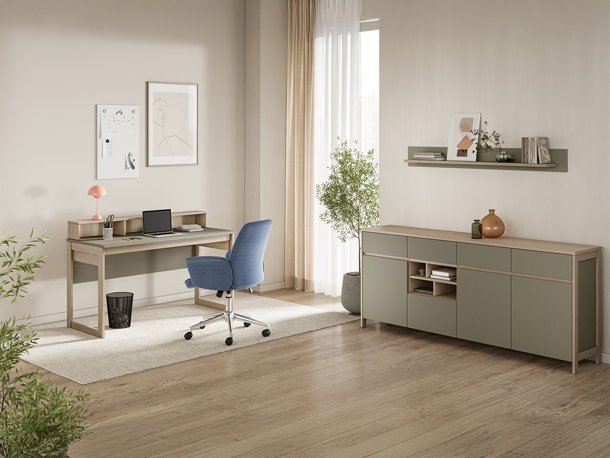 Conjunto para oficina en casa Fermaru 117 (Verde polvoriento + Roble)