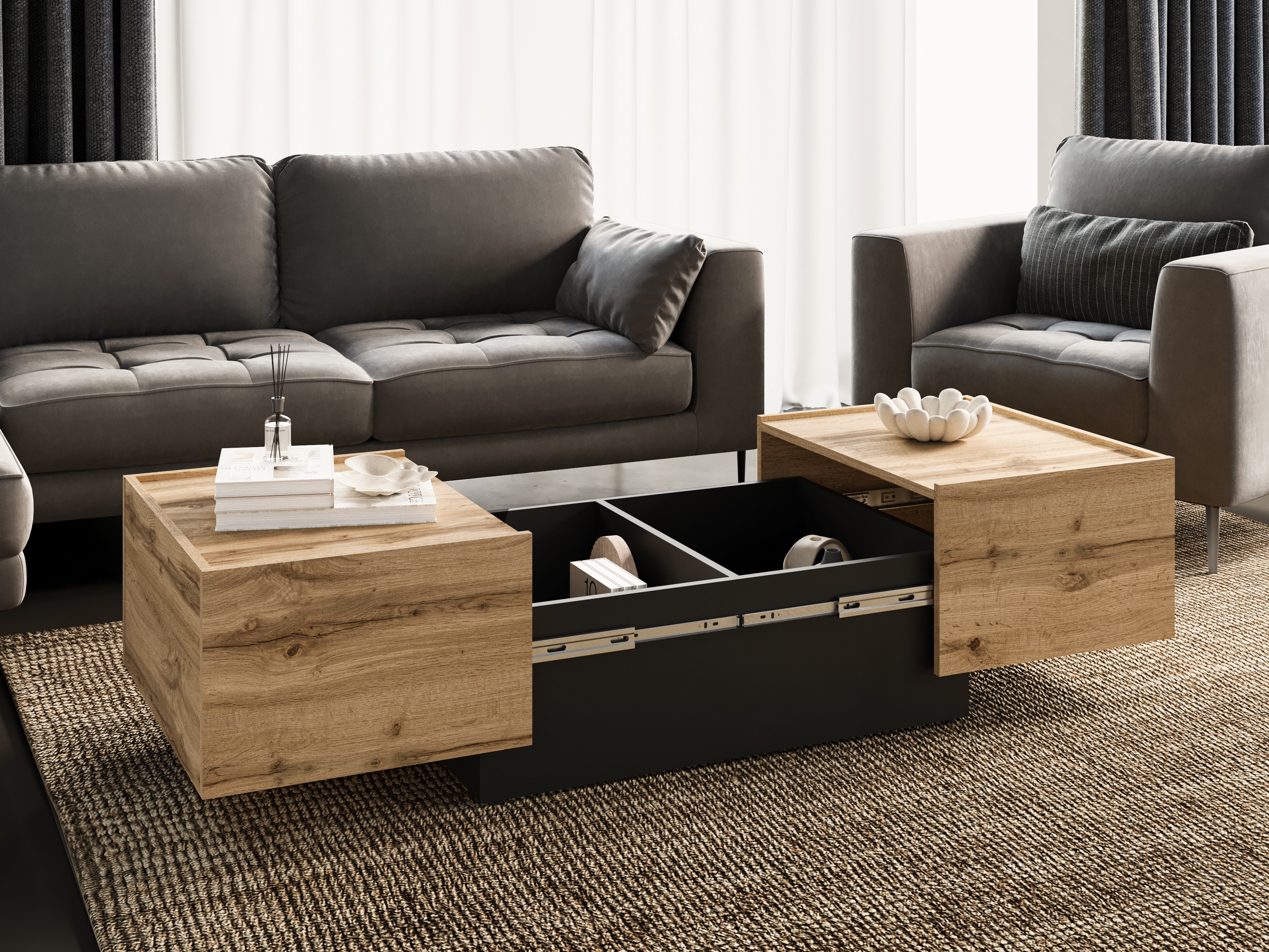 Mesa de centro convertible Austin 380 (Roble wotan + Negro)