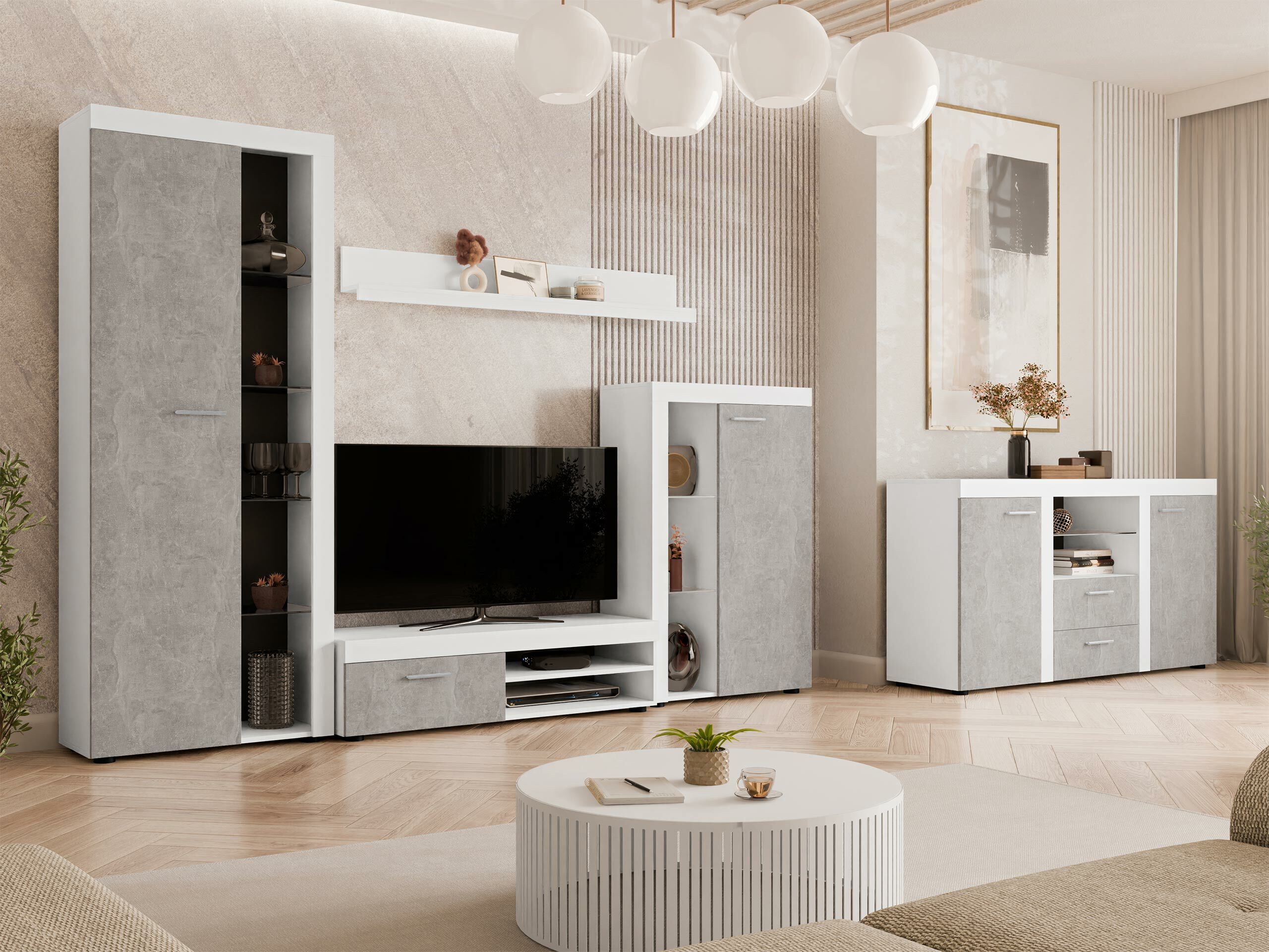 Conjunto de salón Tucson 106 (Blanco + Hormigón)