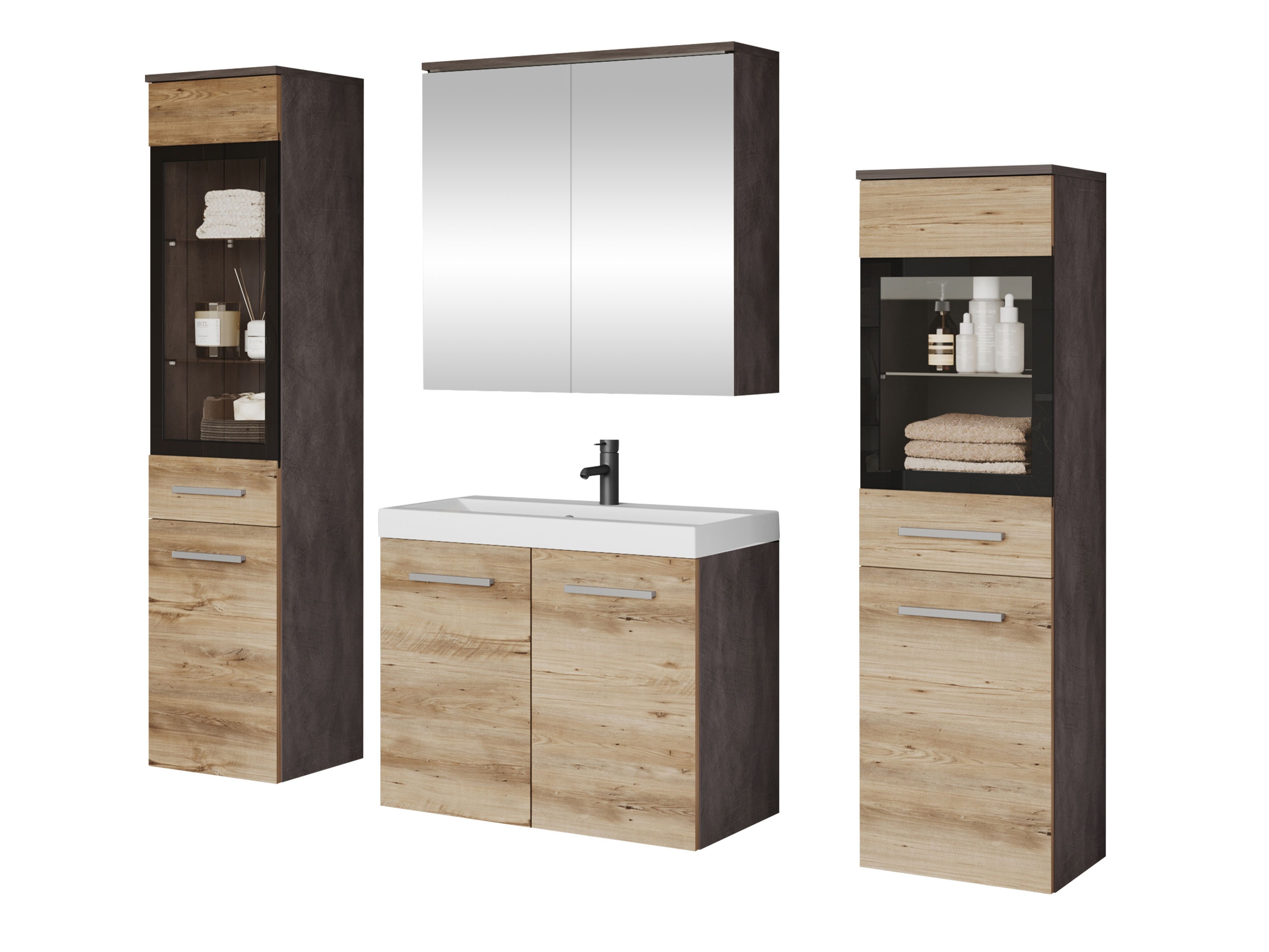 Conjunto de mueble de baño Scientia III (Madera gris + Castaña)