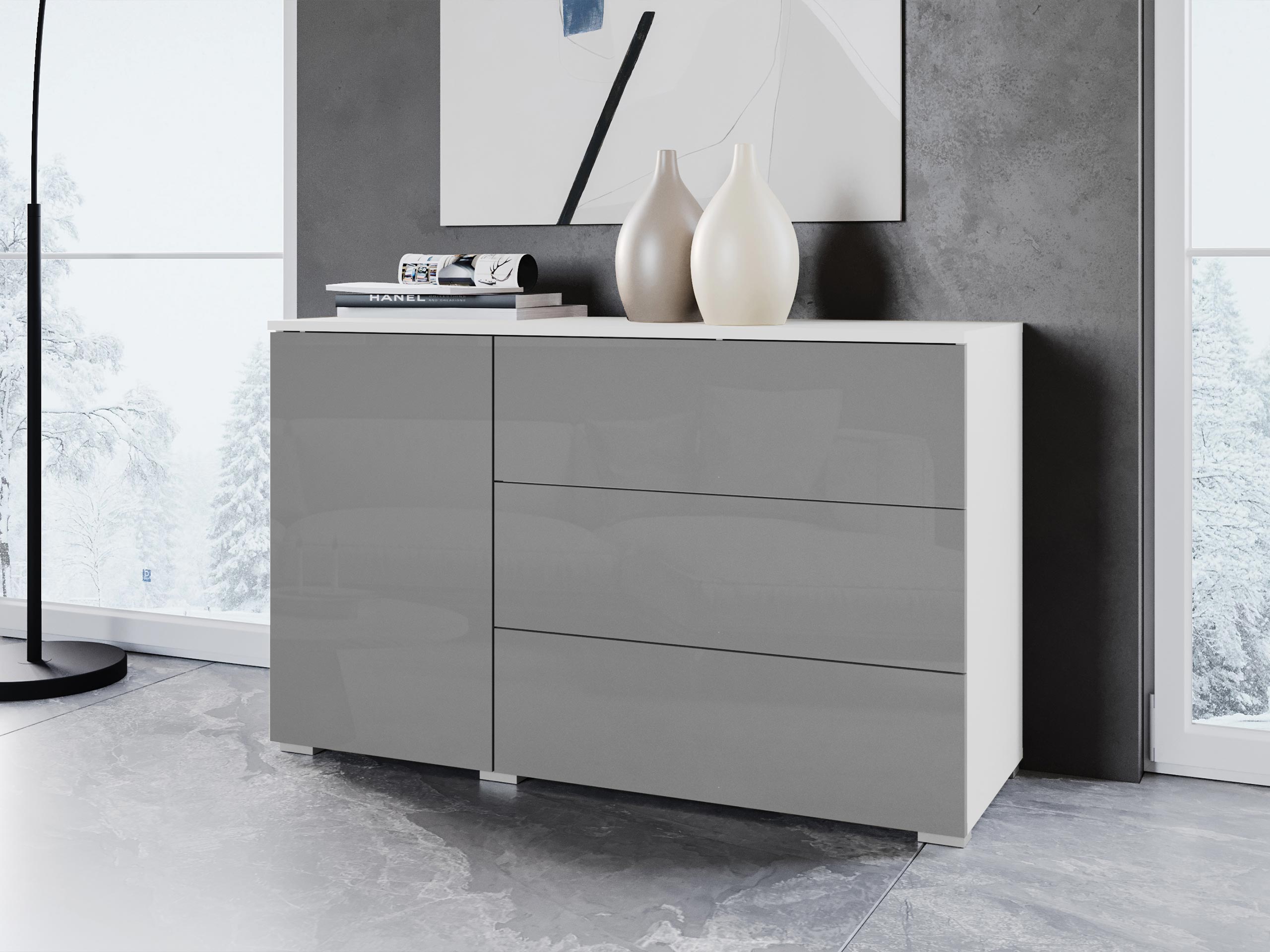 Cómoda Sarasota 128 (Blanco + Gris brillante)