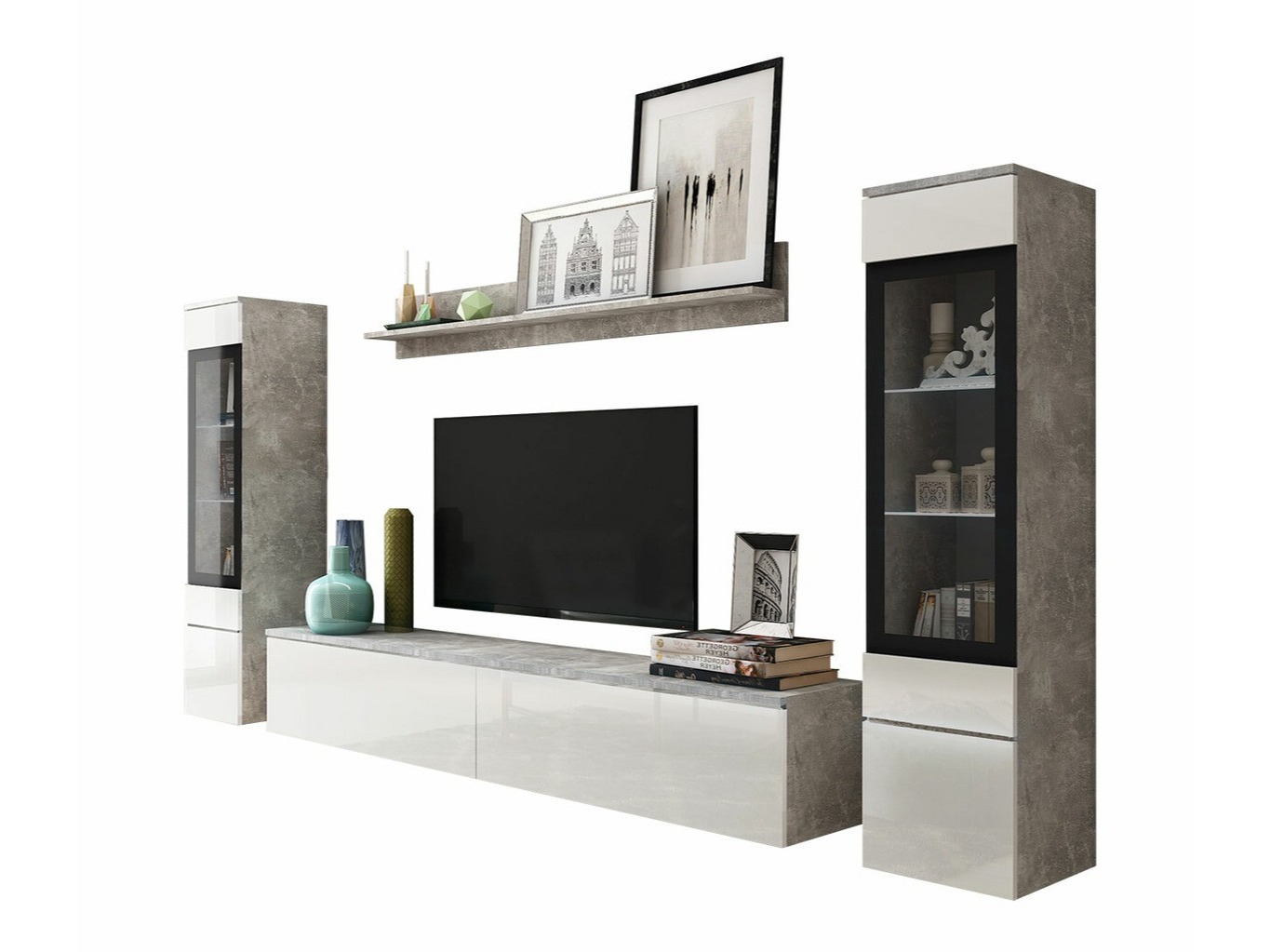 Conjunto de salón Mirfivo 101 (Hormigón + Blanco brillante)