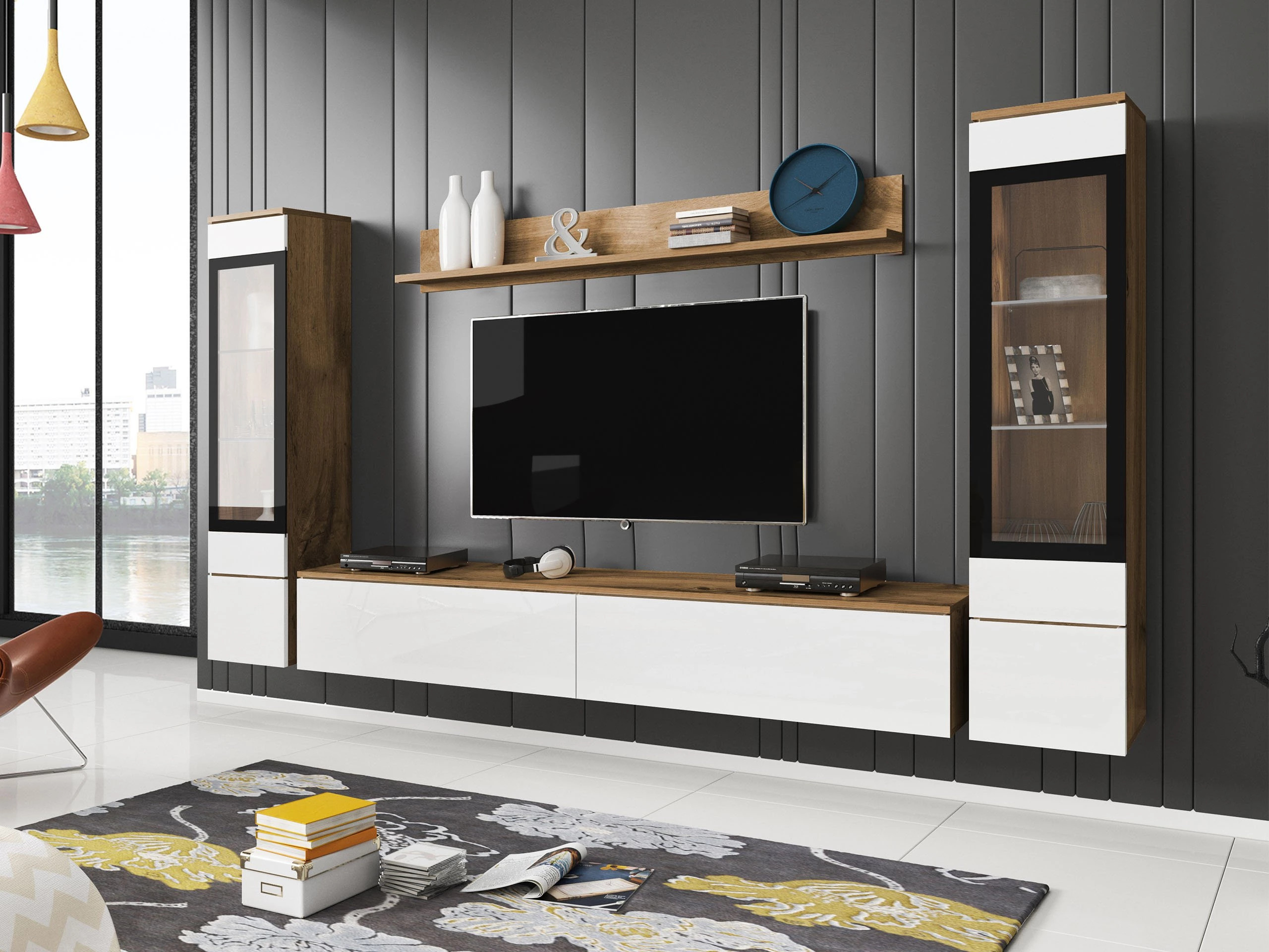 Conjunto de salón Mirfivo 101 (Roble wotan + Blanco brillante)