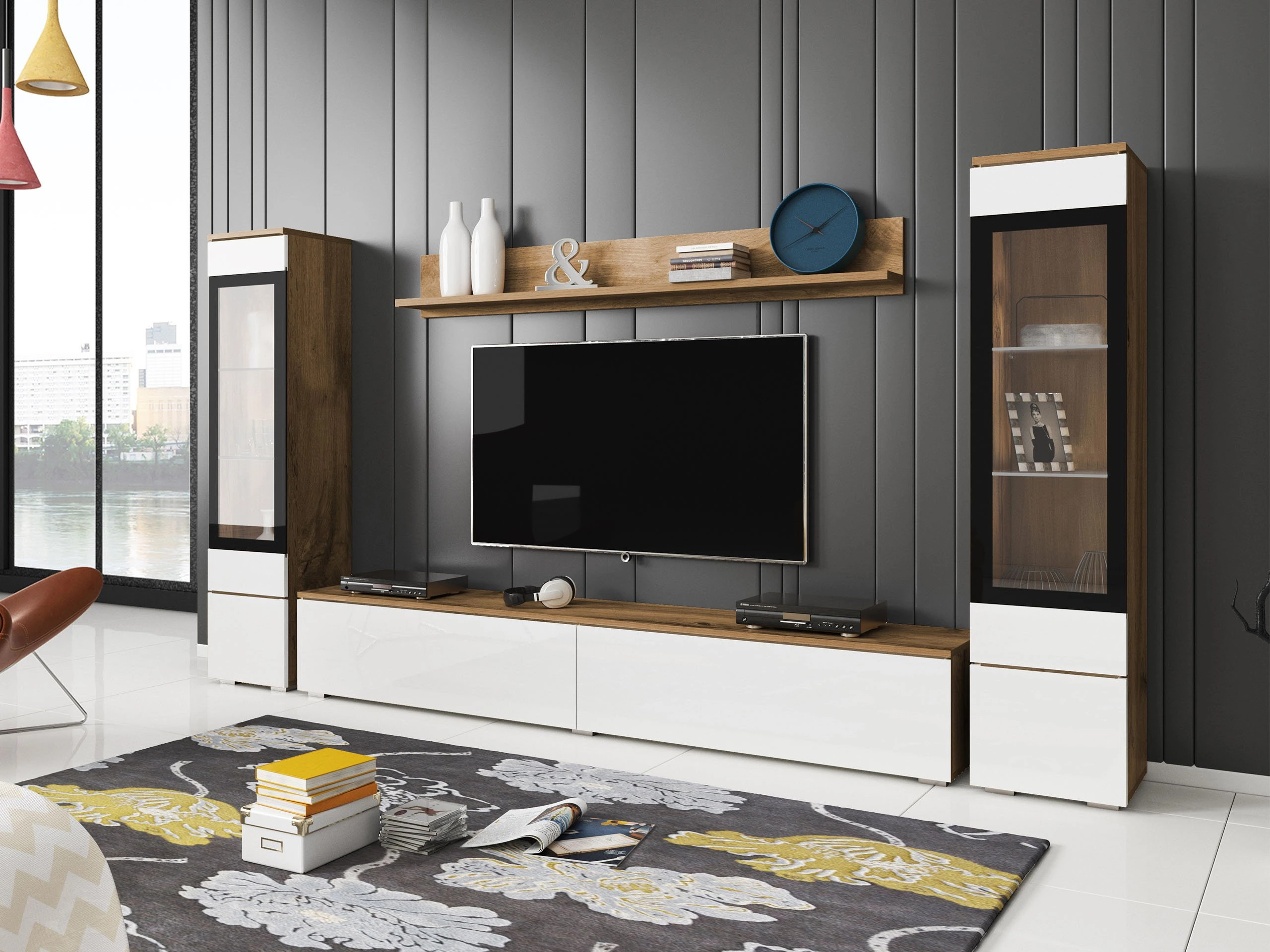 Conjunto de salón Mirfivo 101 (Roble wotan + Blanco brillante)