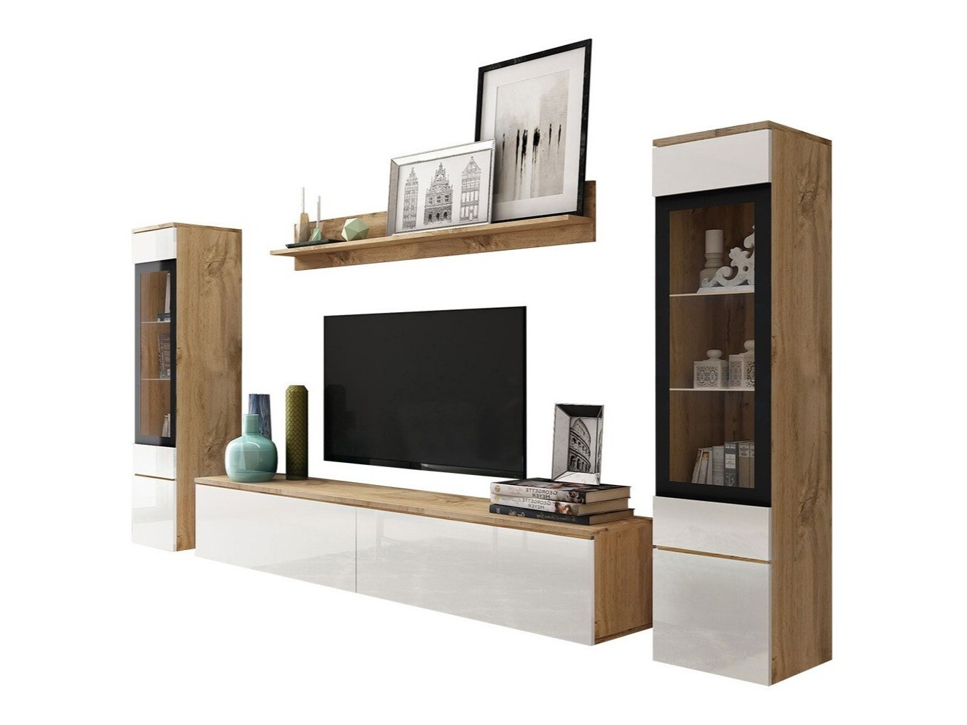 Conjunto de salón Mirfivo 101 (Roble wotan + Blanco brillante)