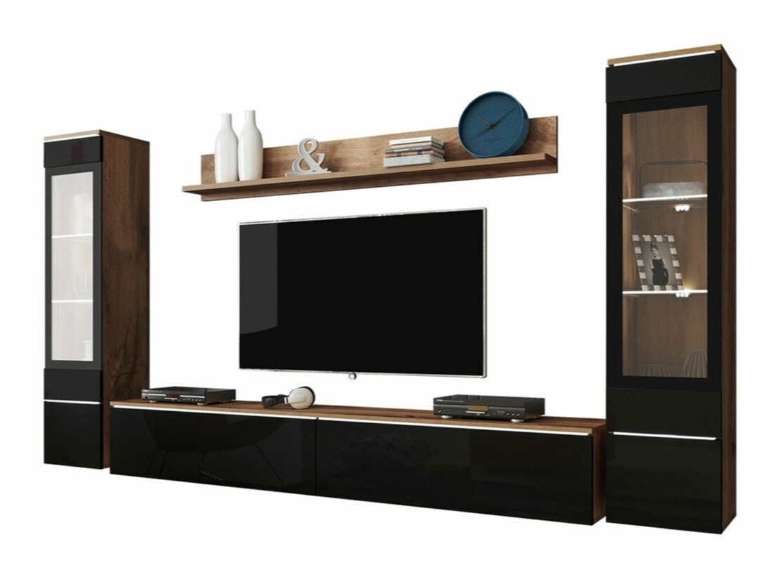 Conjunto de salón Mirfivo 101 (Roble wotan + Negro brillante)