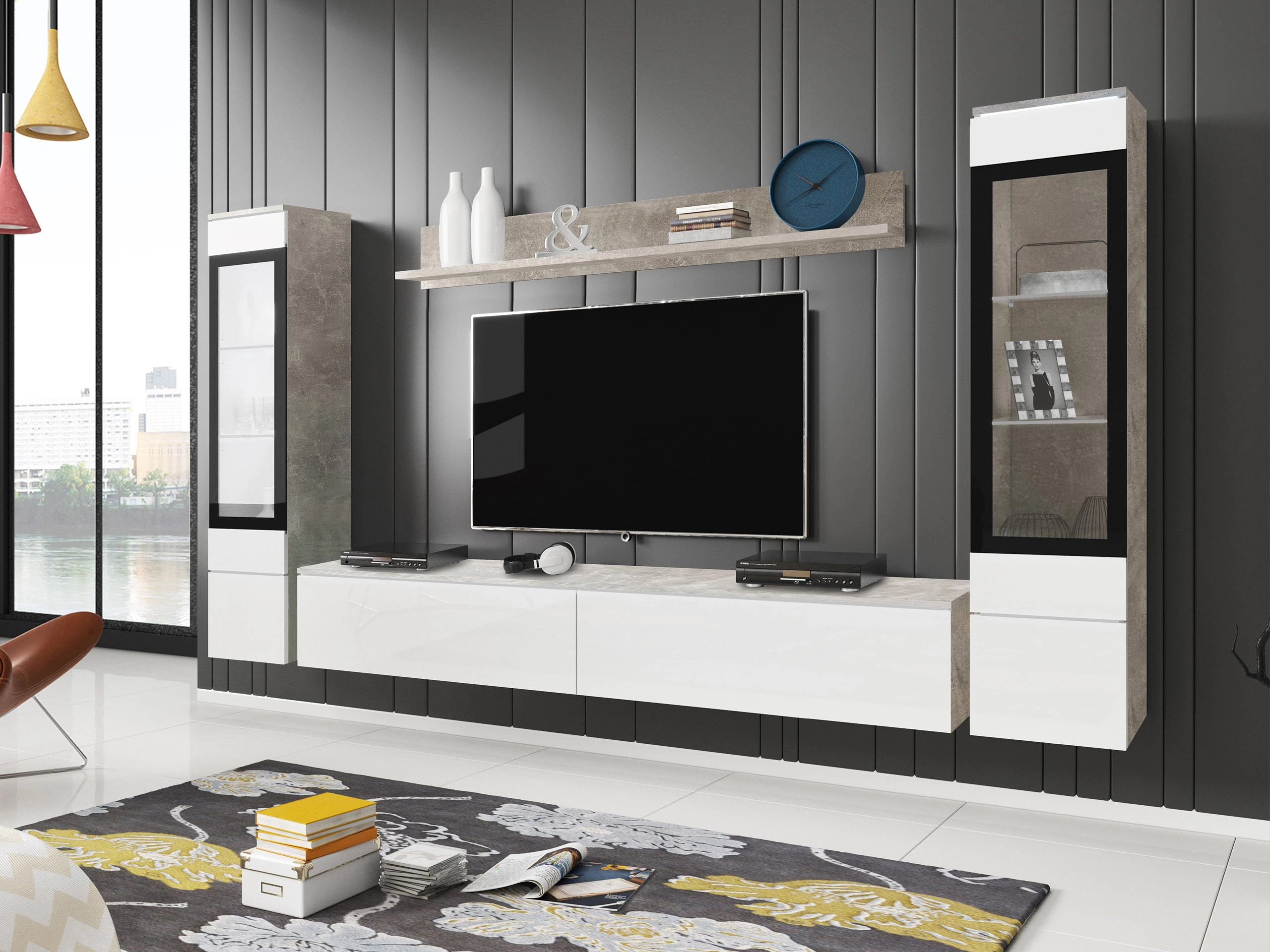 Conjunto de salón Sarasota 126 (Hormigón + Blanco brillante)