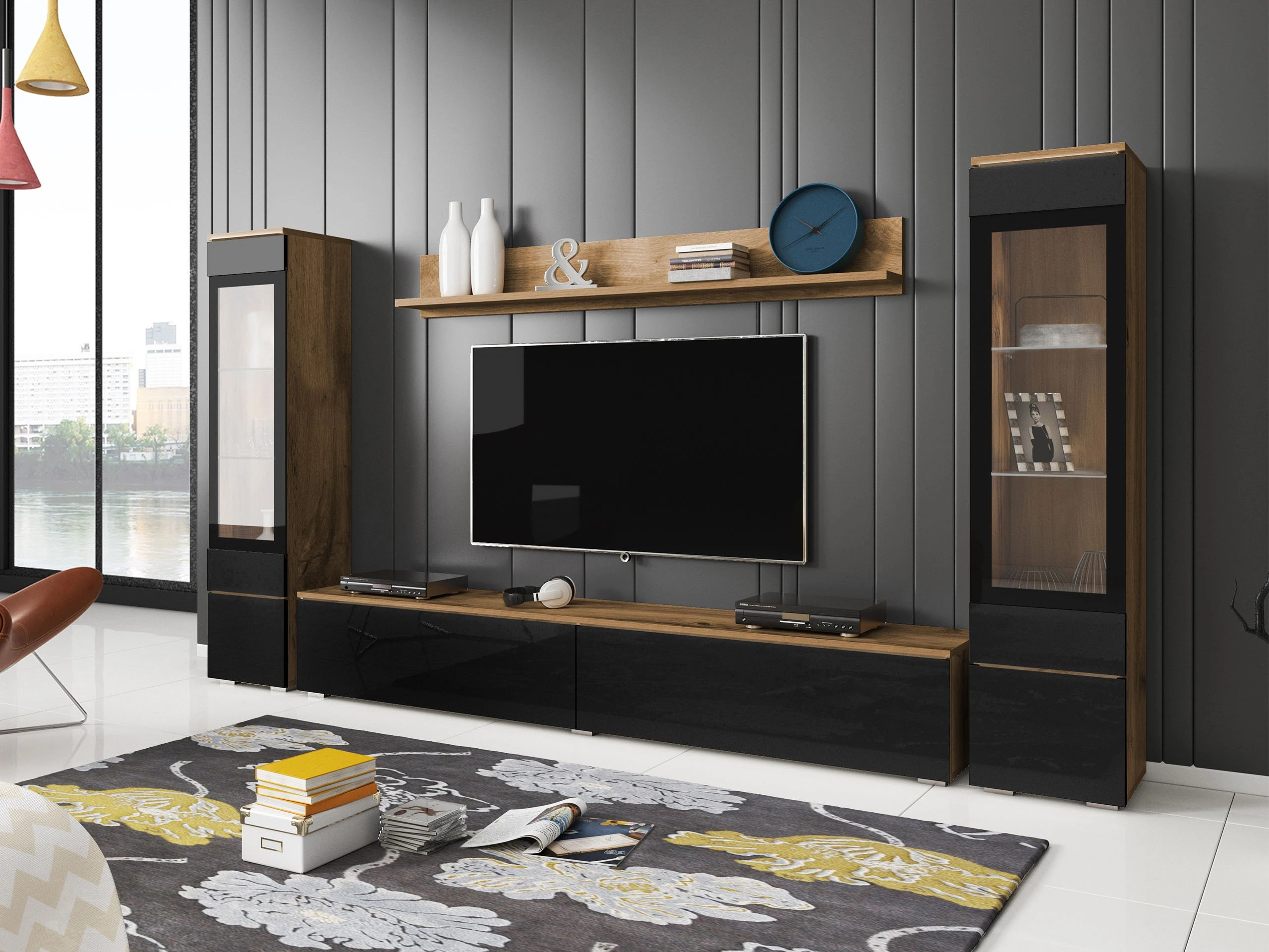 Conjunto de salón Sarasota 126 (Roble wotan + Negro brillante)