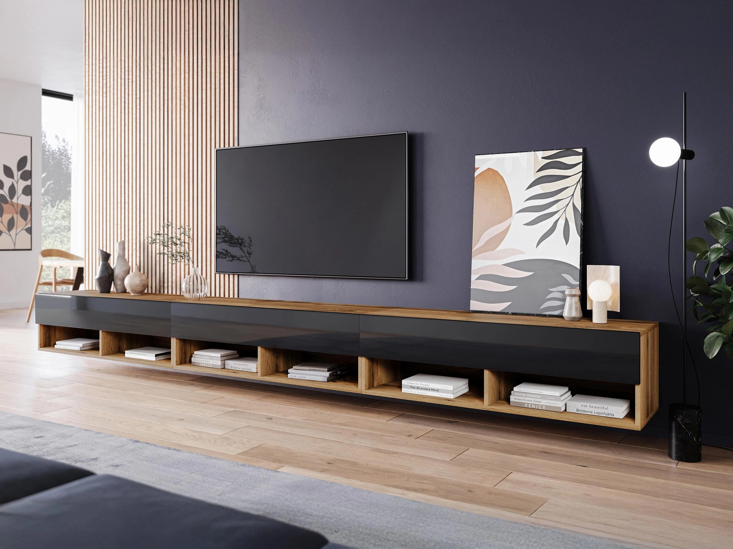 Mueble TV Sarasota 144 (Roble wotan + Negro brillante)