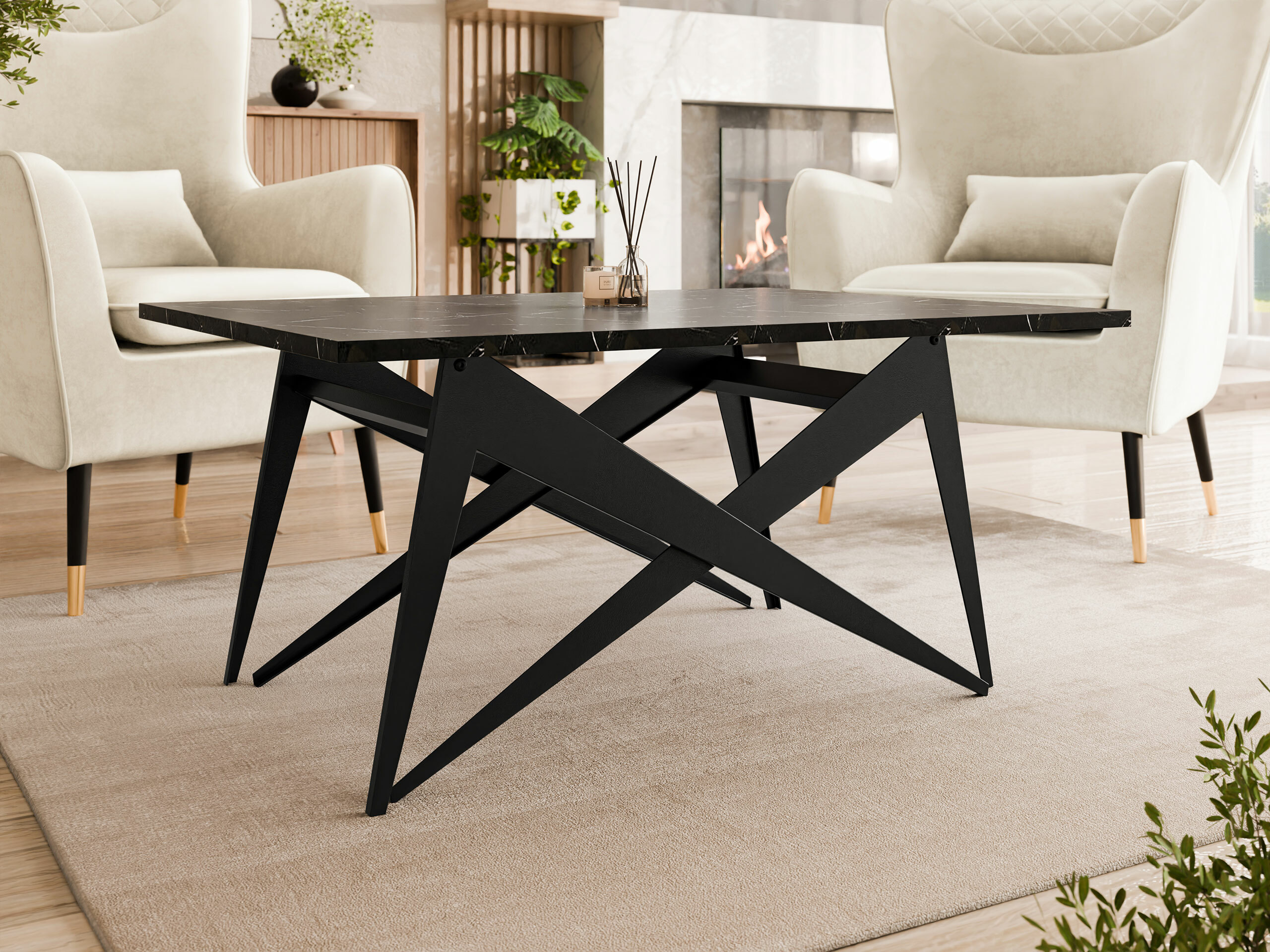 Mesa de centro convertible Oswego 150 (Mármol negro + Negro)