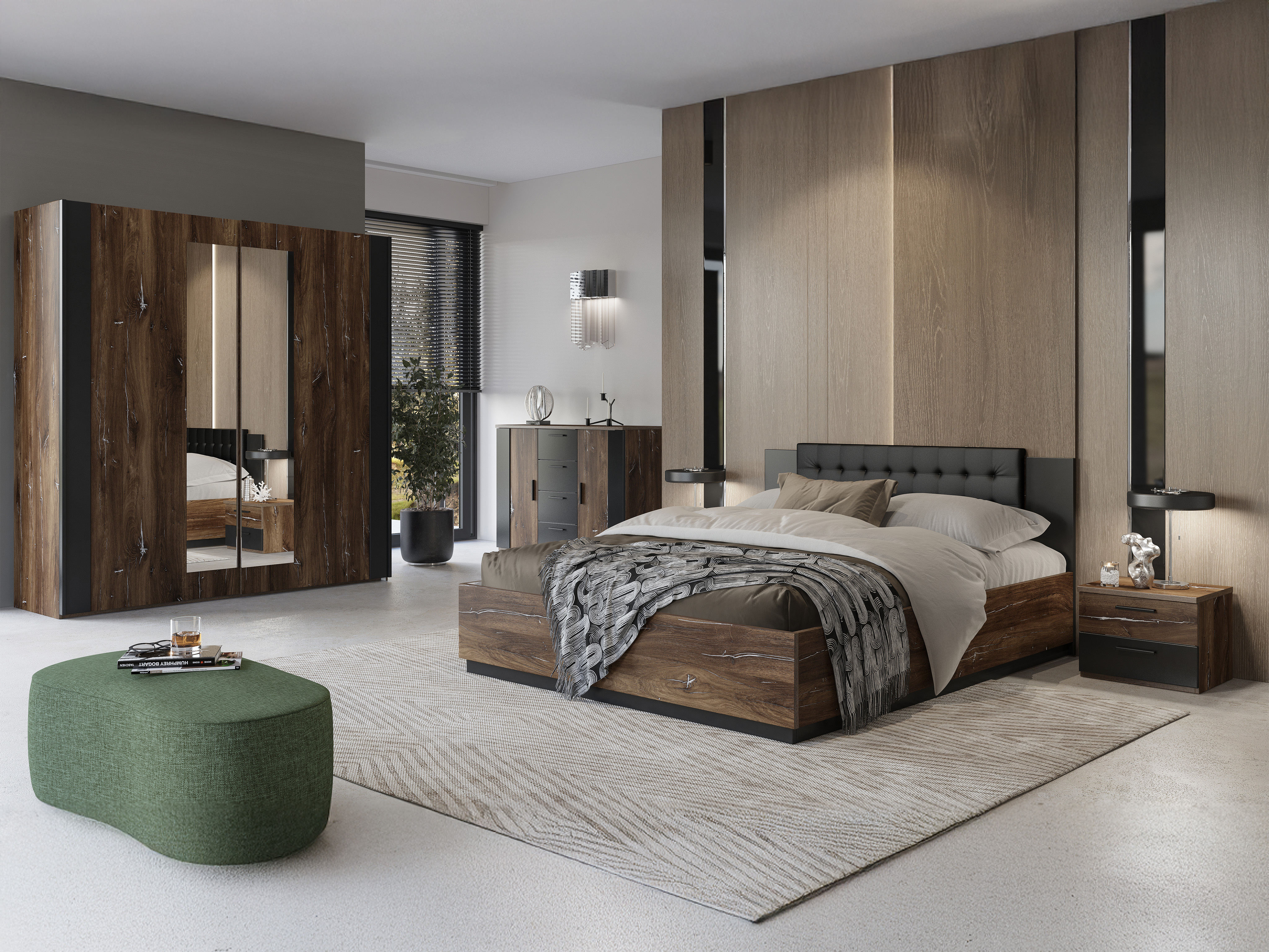 Cama Felelie 104 (Roble Flagstaf oscuro + Plata)