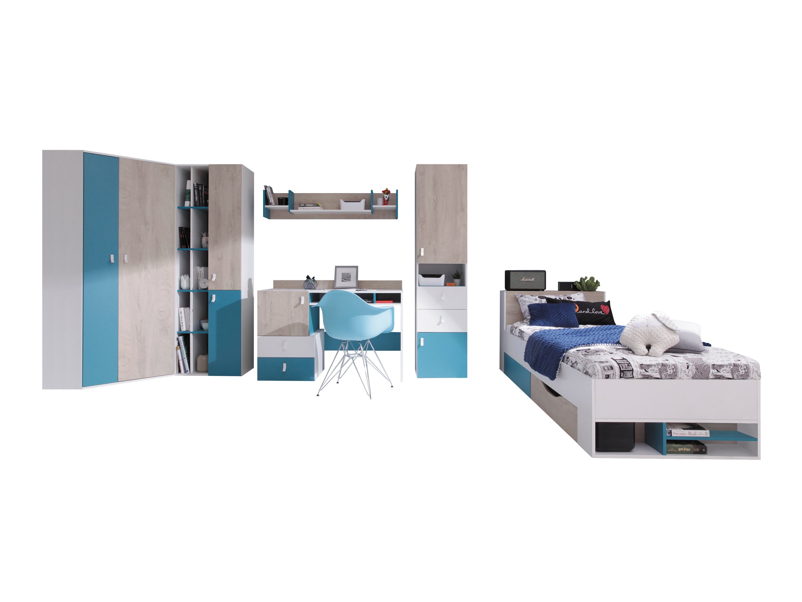 Conjunto de dormitorio infantil Camteso 114 (Blanco + Roble + Turquesa)