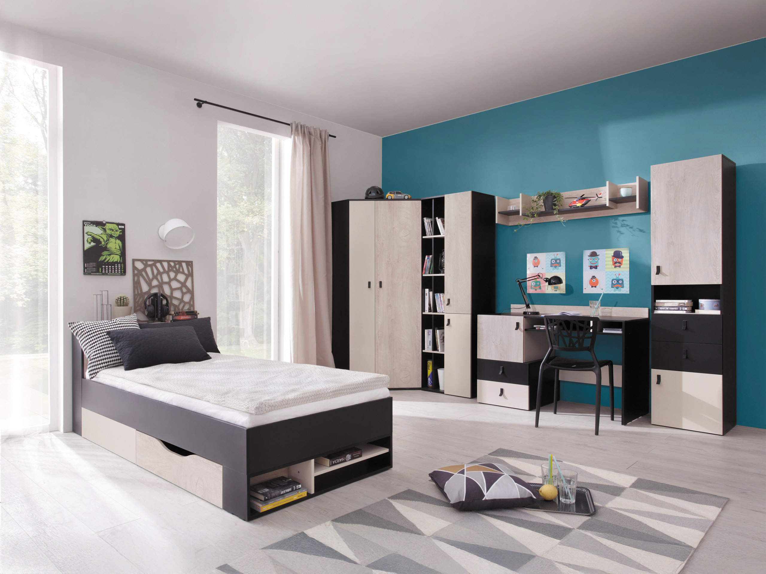 Conjunto de dormitorio infantil Camteso 114 (Negro + Roble + Beige)