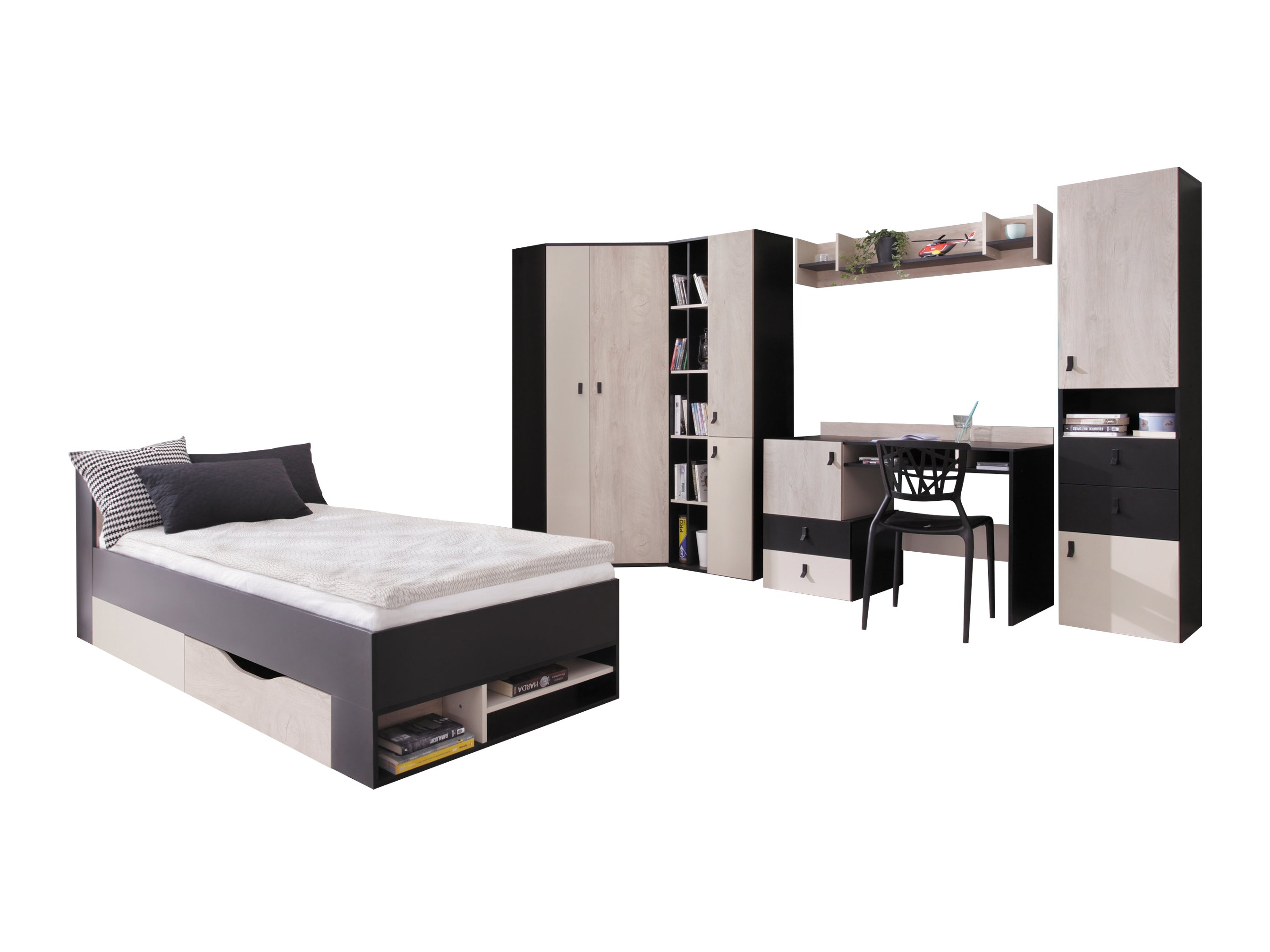 Conjunto de dormitorio infantil Camteso 114 (Negro + Roble + Beige)