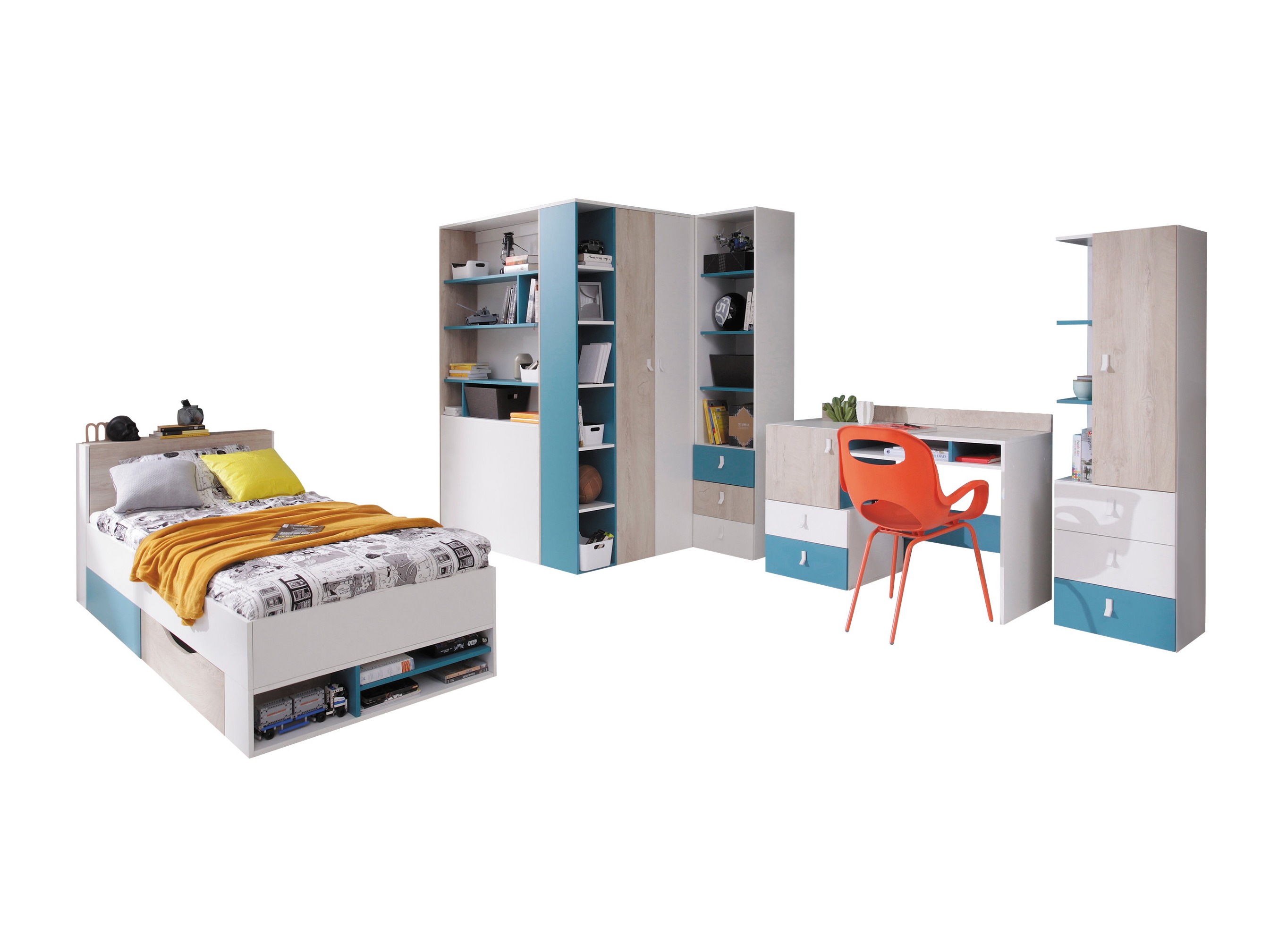 Conjunto de dormitorio infantil Camteso 115 (Blanco + Roble + Turquesa)