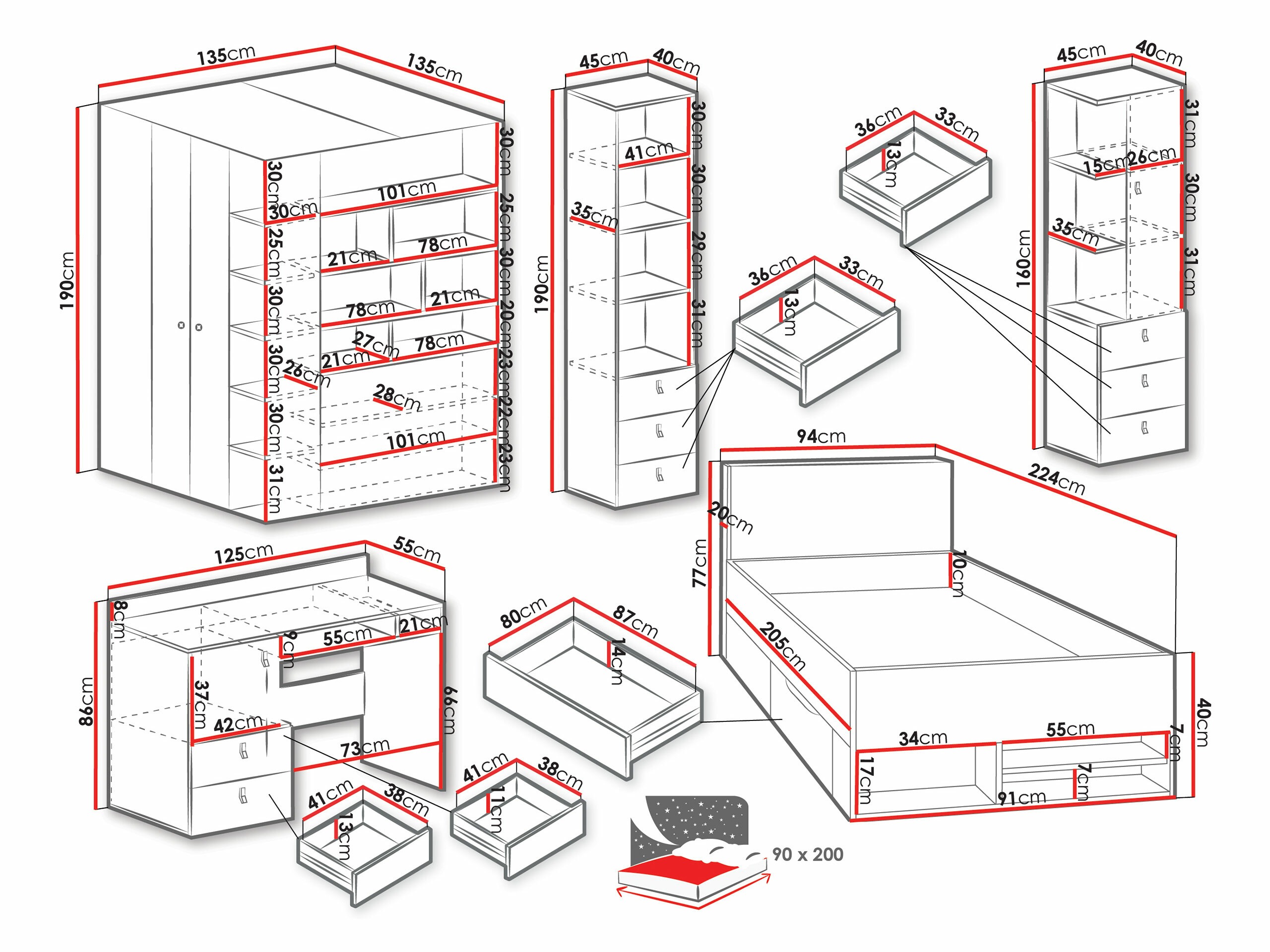 Conjunto de dormitorio infantil Camteso 115 (Blanco + Roble + Turquesa)