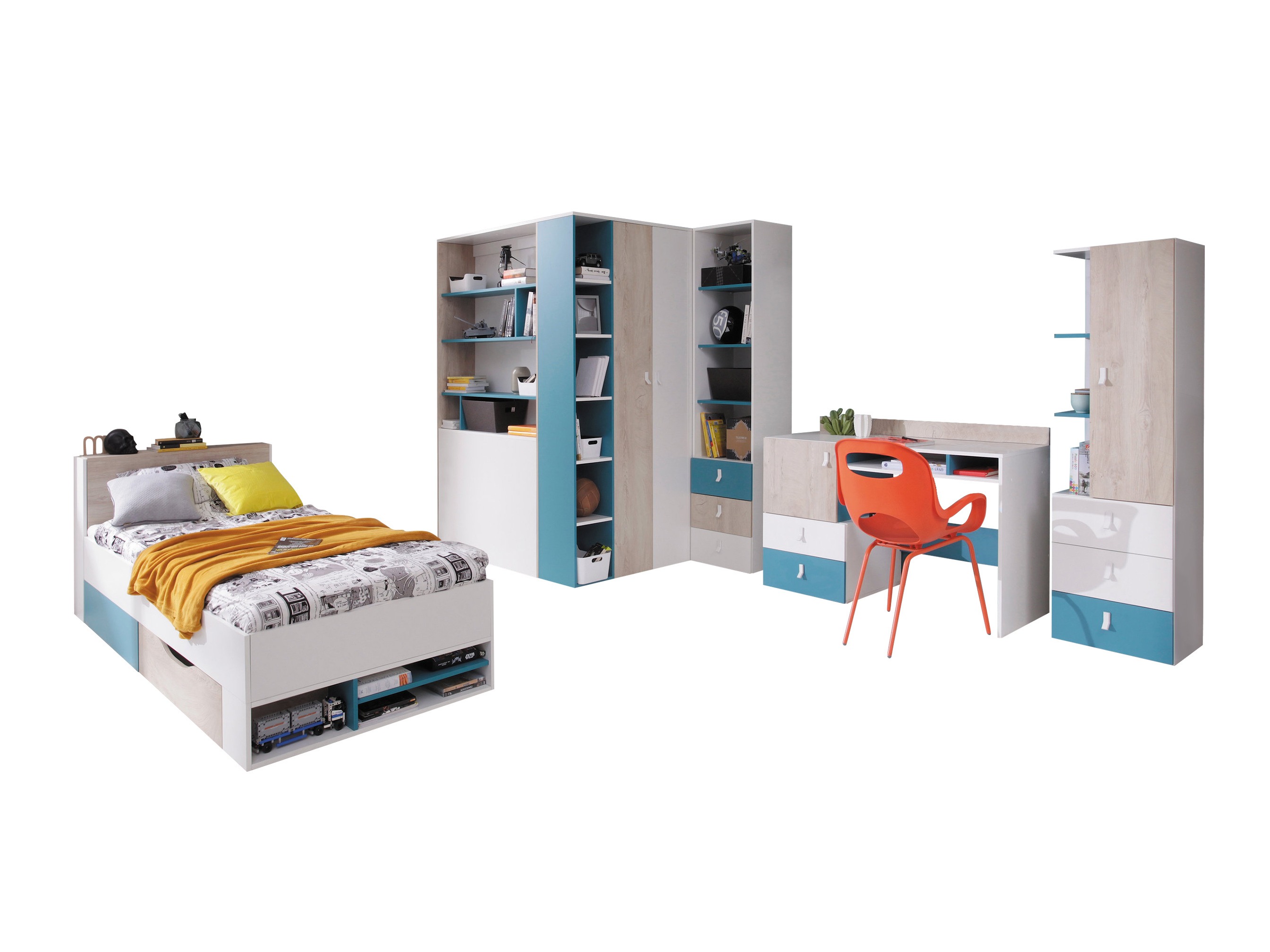 Conjunto de dormitorio infantil Camteso 115 (Blanco + Roble + Turquesa)