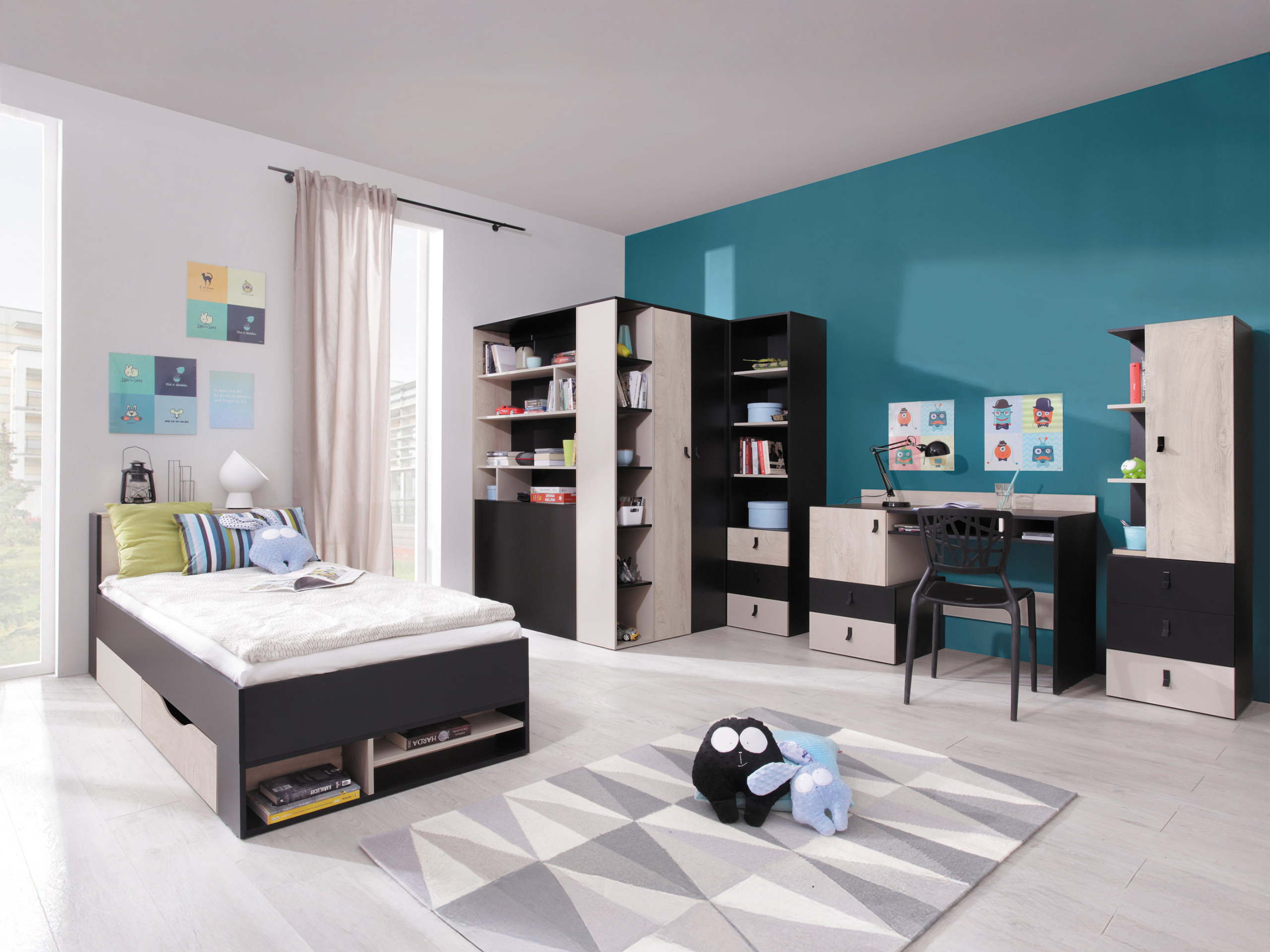 Conjunto de dormitorio infantil Camteso 115 (Negro + Roble + Beige)