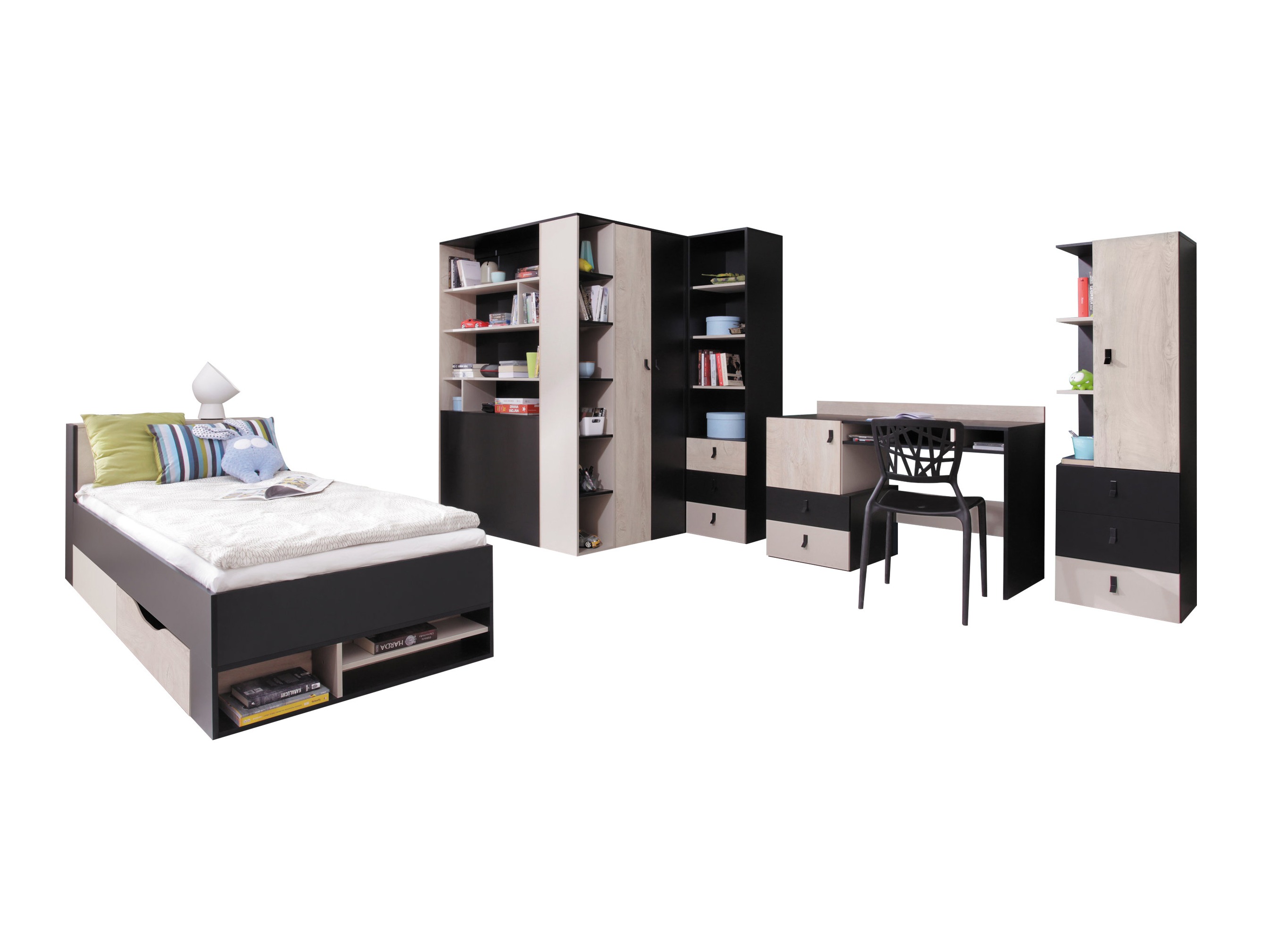 Conjunto de dormitorio infantil Camteso 115 (Negro + Roble + Beige)