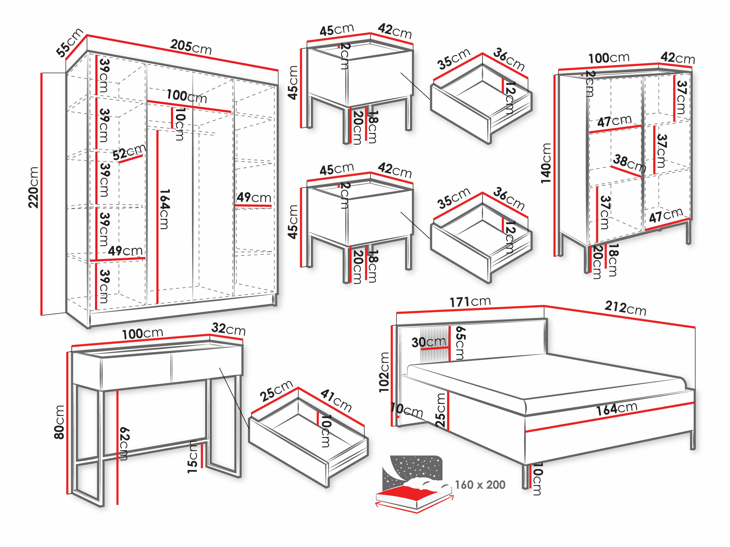Conjunto de dormitorio Lunole 111 (Cachemira)