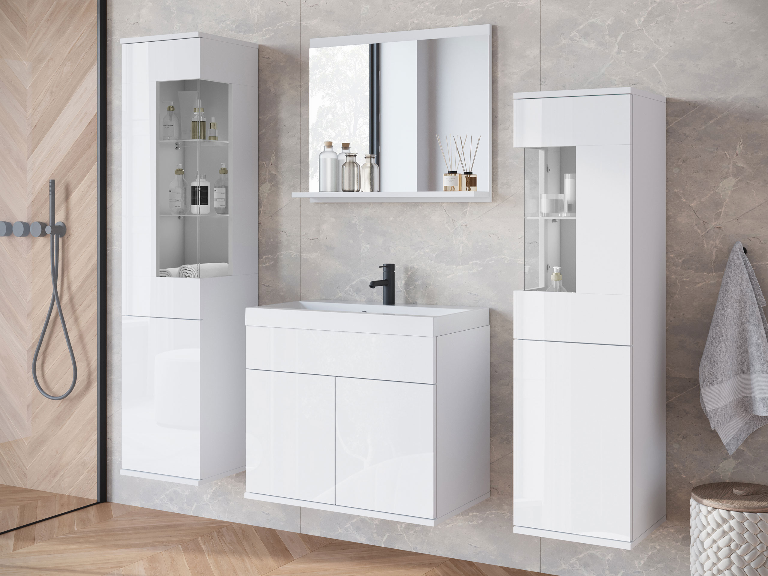 Conjunto de mueble de baño Sarasota 194 (Blanco + Blanco brillante)