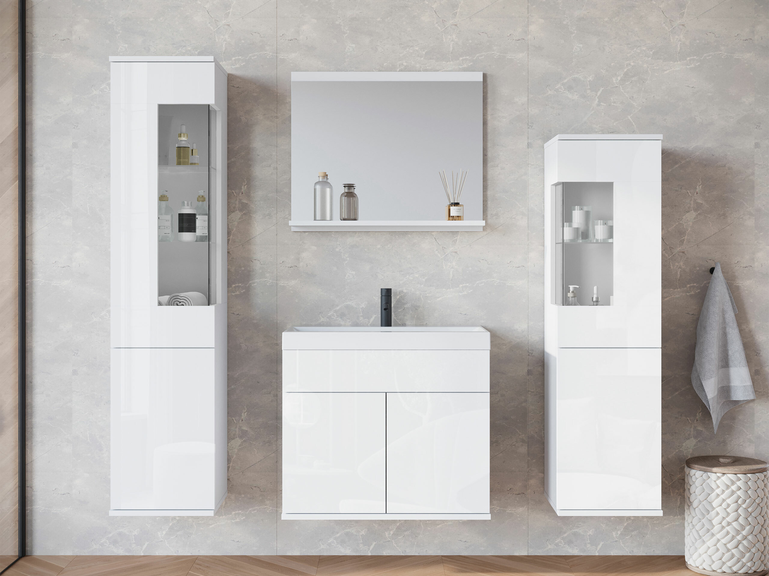 Conjunto de mueble de baño Sarasota 194 (Blanco + Blanco brillante)