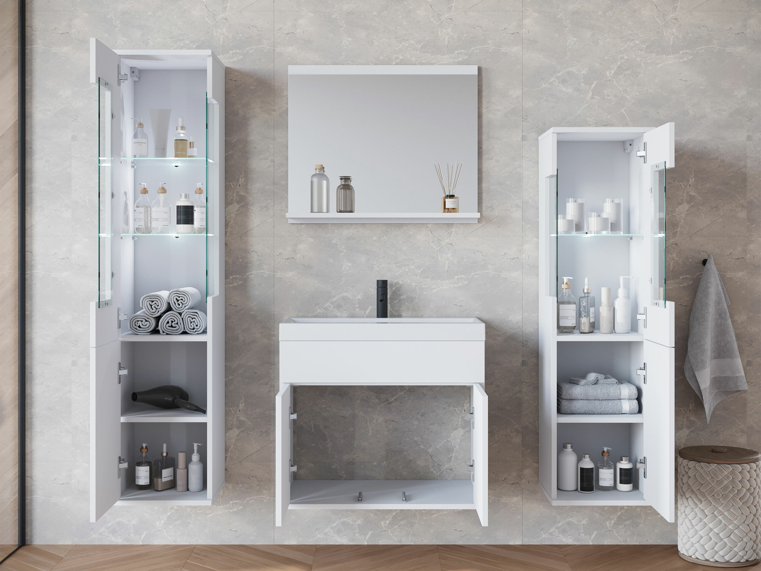 Conjunto de mueble de baño Sarasota 194 (Blanco + Blanco brillante)