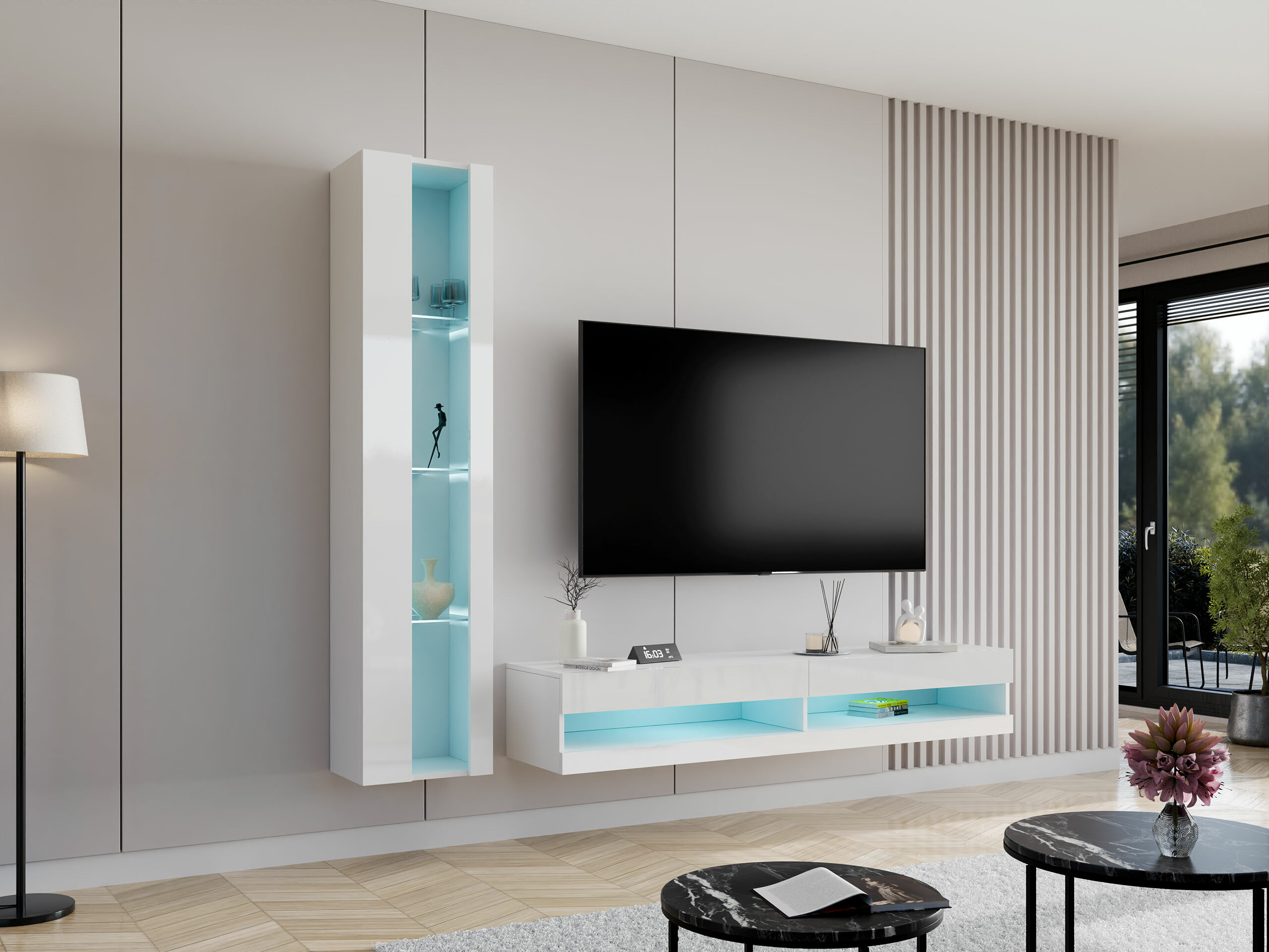 Mueble TV Venenou 120 (Blanco + Blanco brillante)