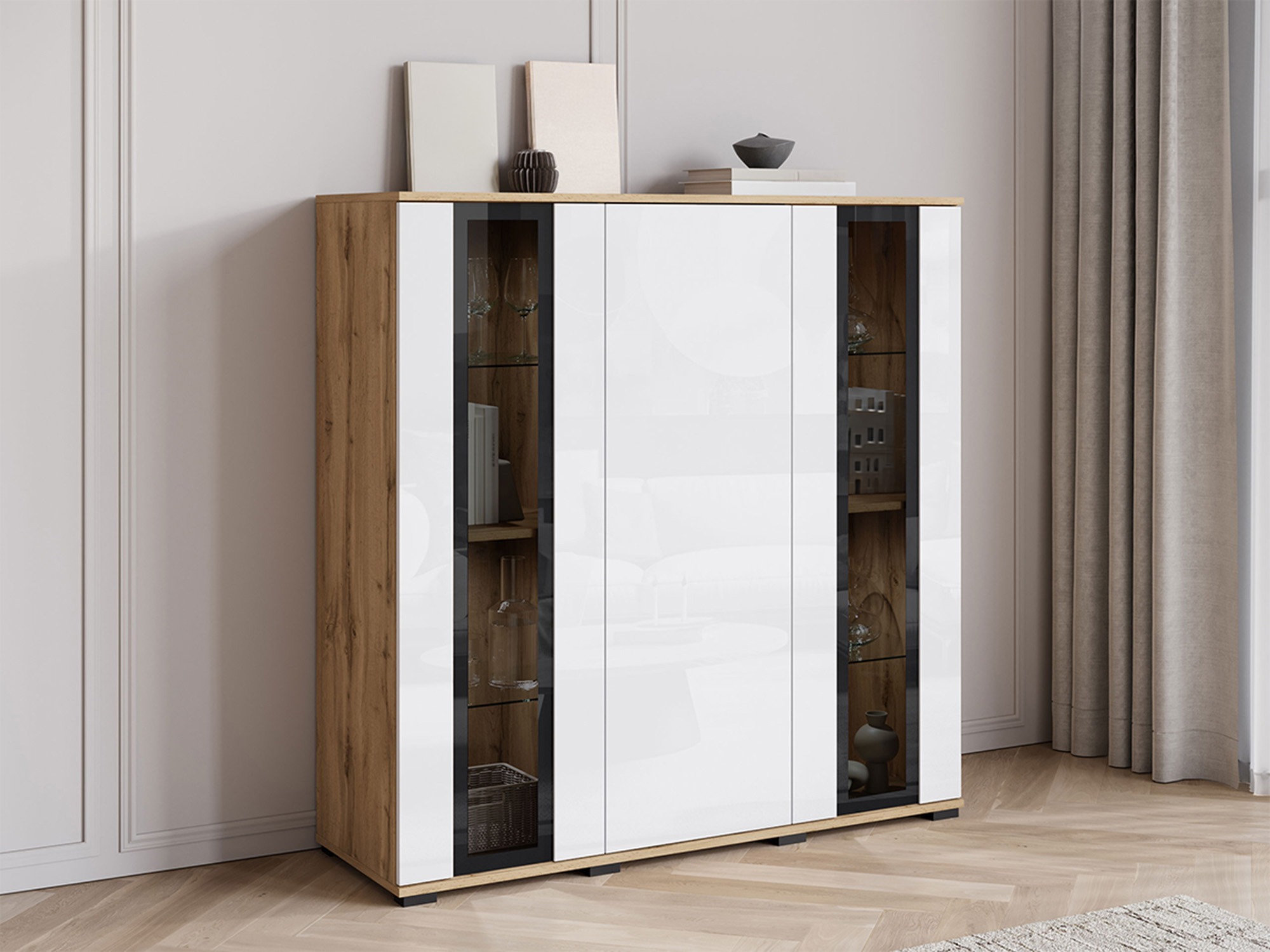 Aparador Torcame 100 (Roble wotan + Blanco brillante)