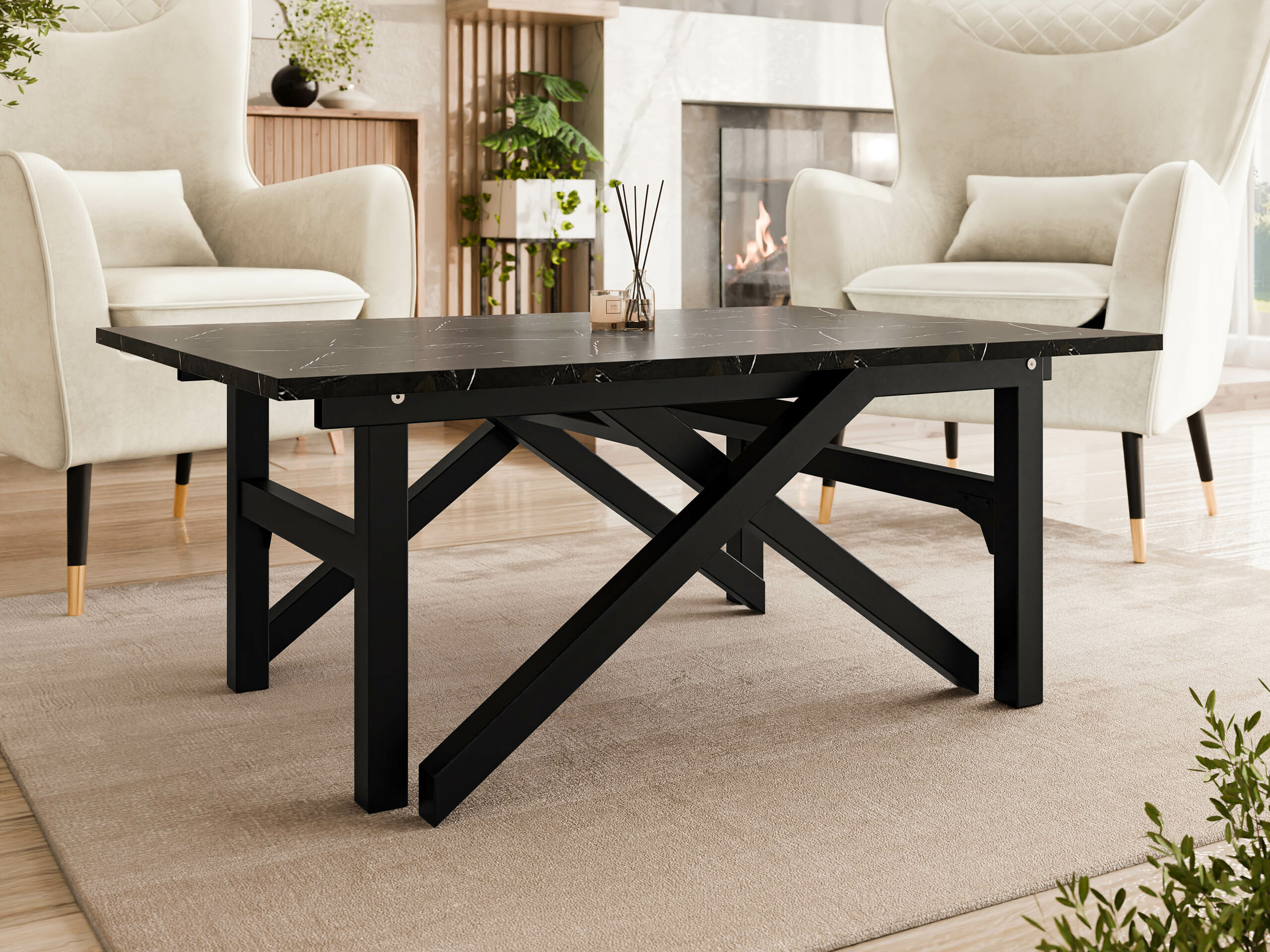 Mesa de centro convertible Oswego 151 (Mármol negro + Negro)