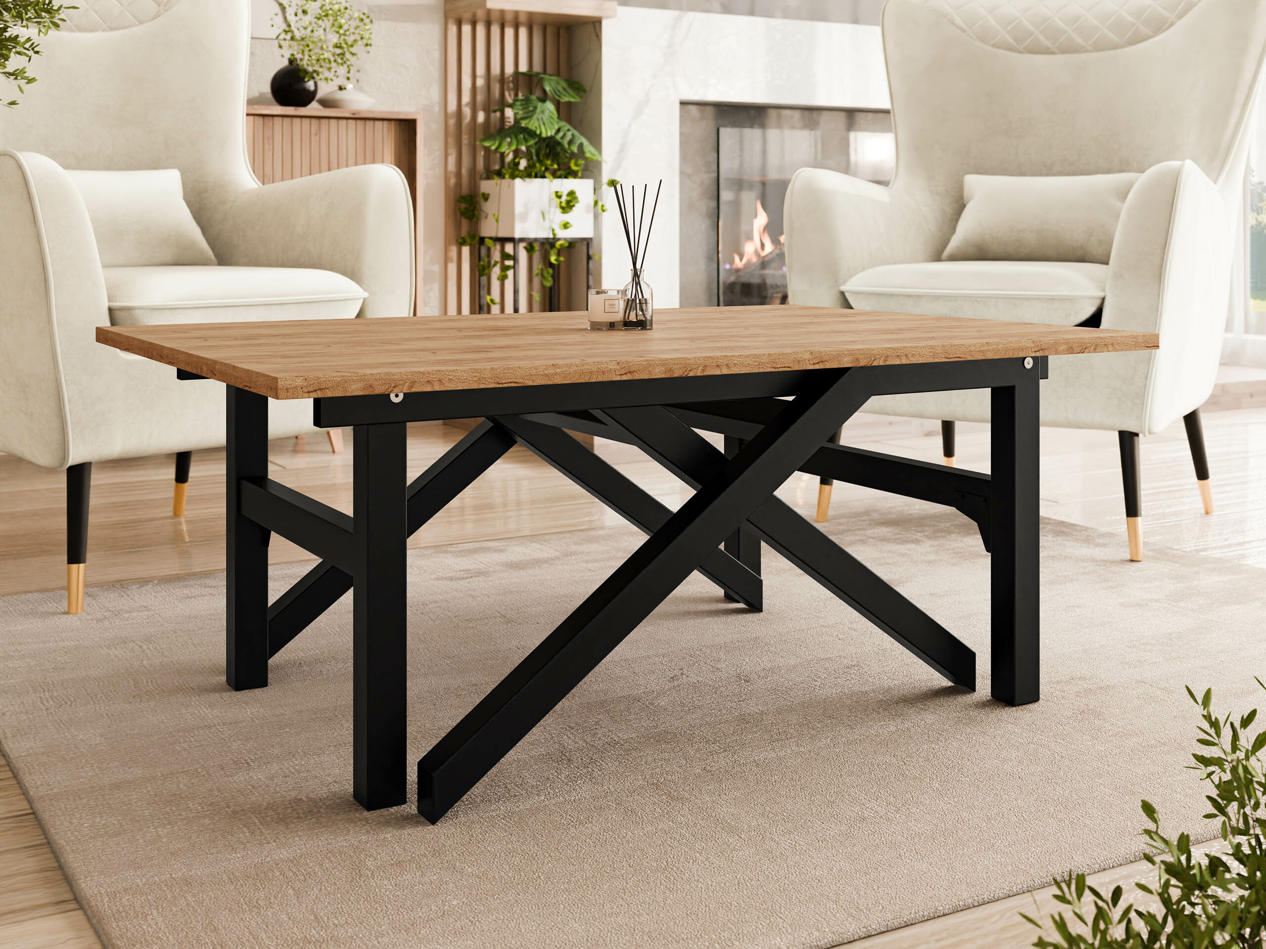 Mesa de centro convertible Oswego 151 (Roble dorado artesanal + Negro)