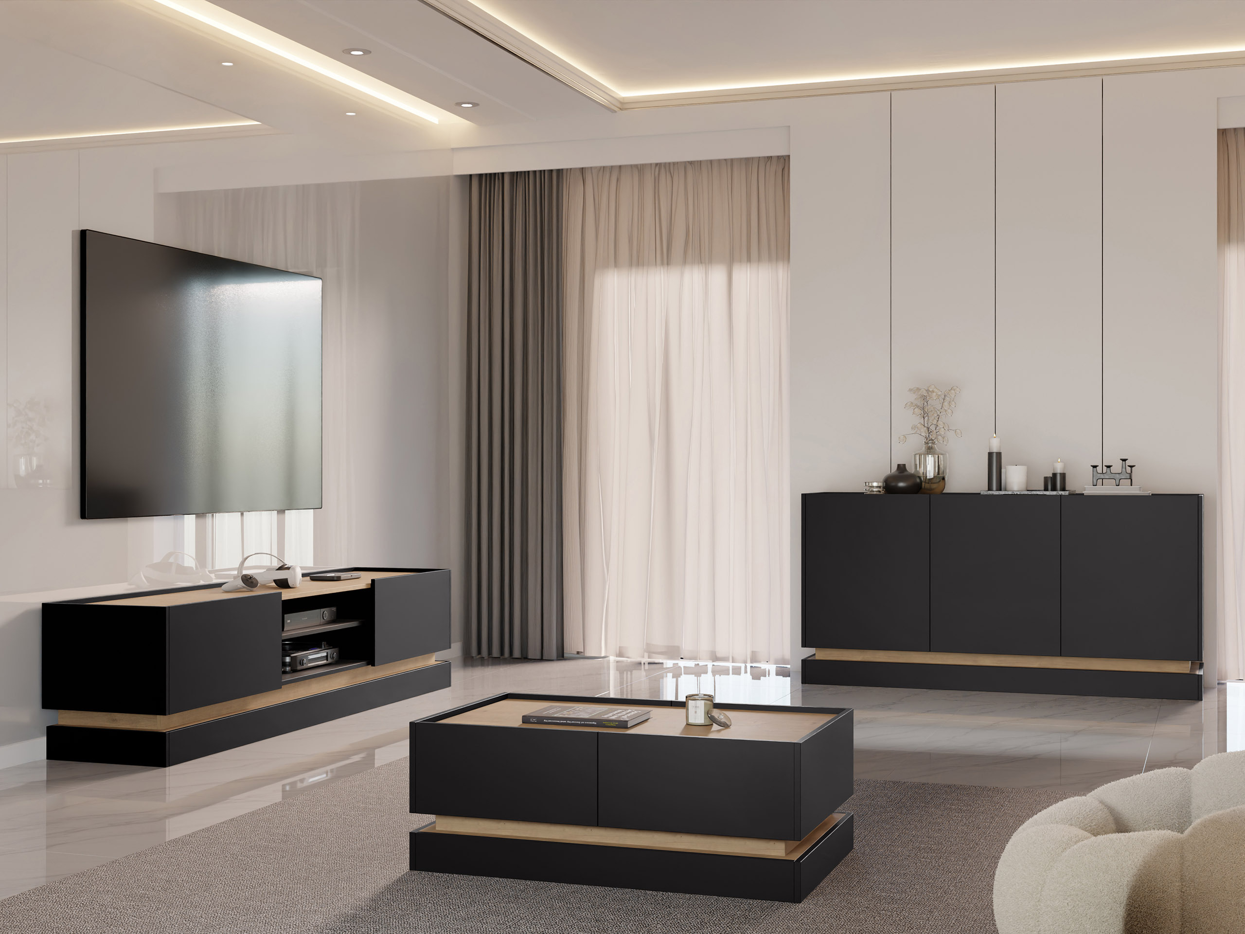 Conjunto de salón Comfivo Tilia (Negro + Roble)