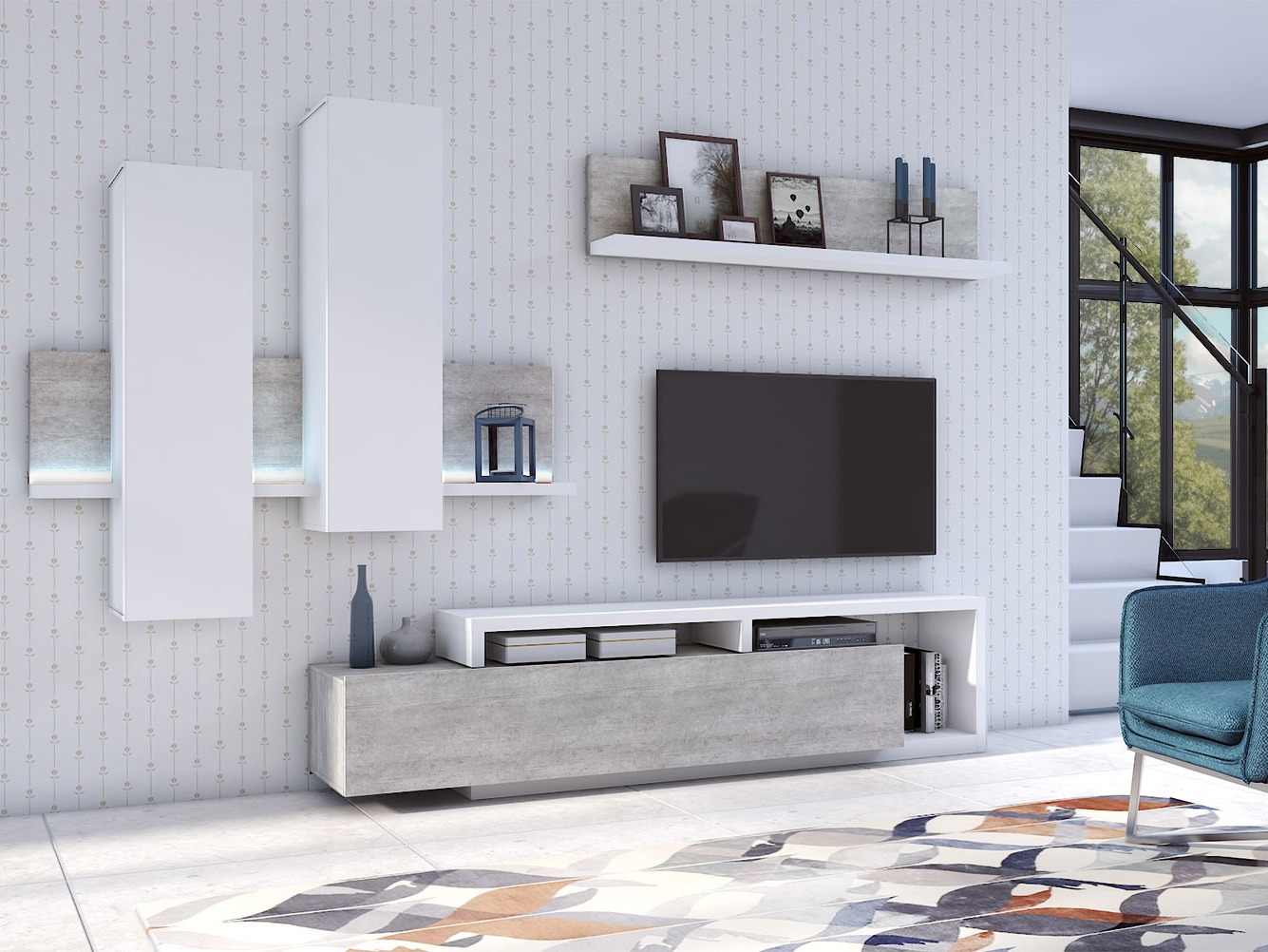 Armario de pared Lutiva 101 (Blanco + Hormigón)