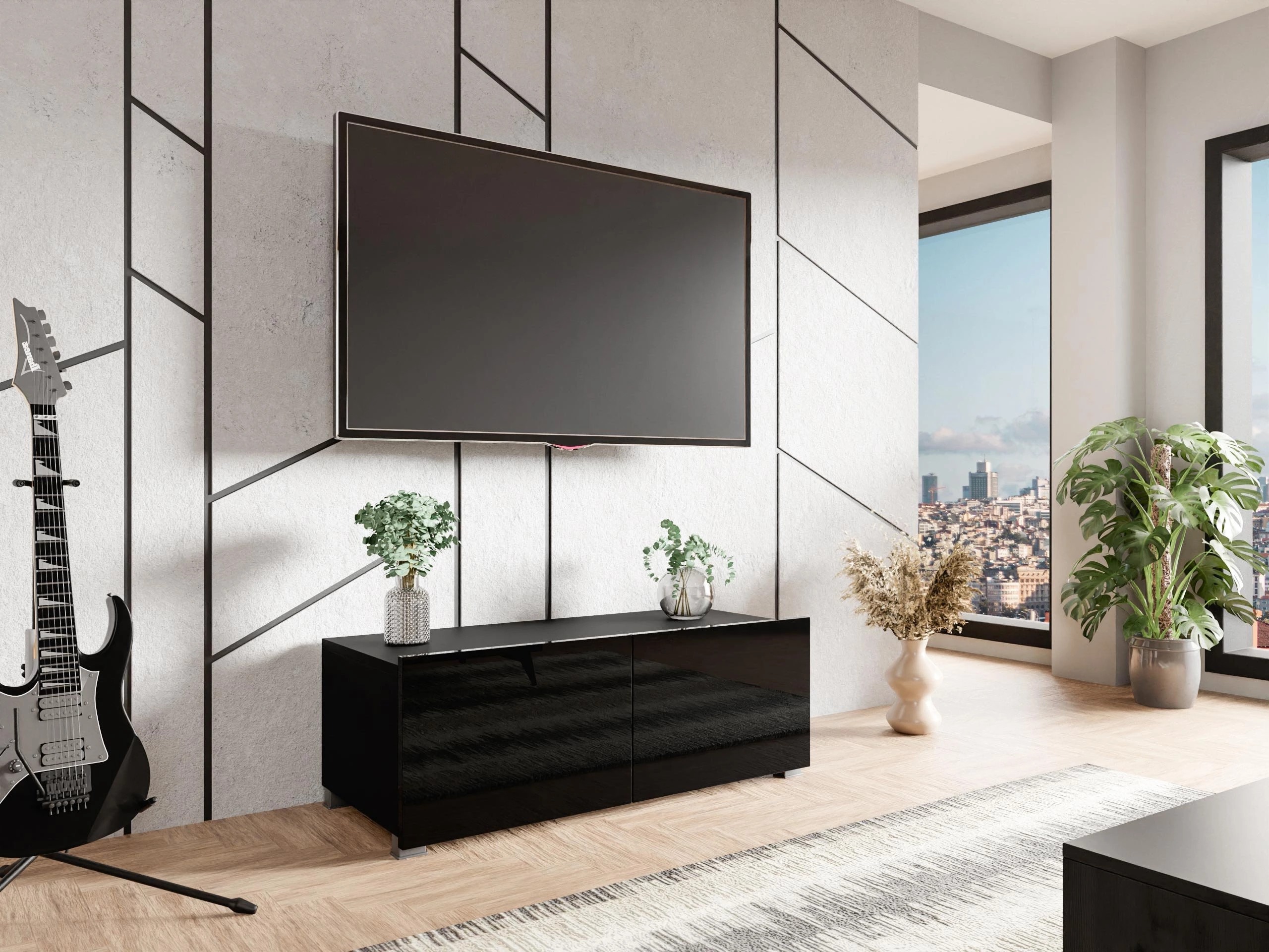 Mueble TV Remus I (Negro + Negro brillante)