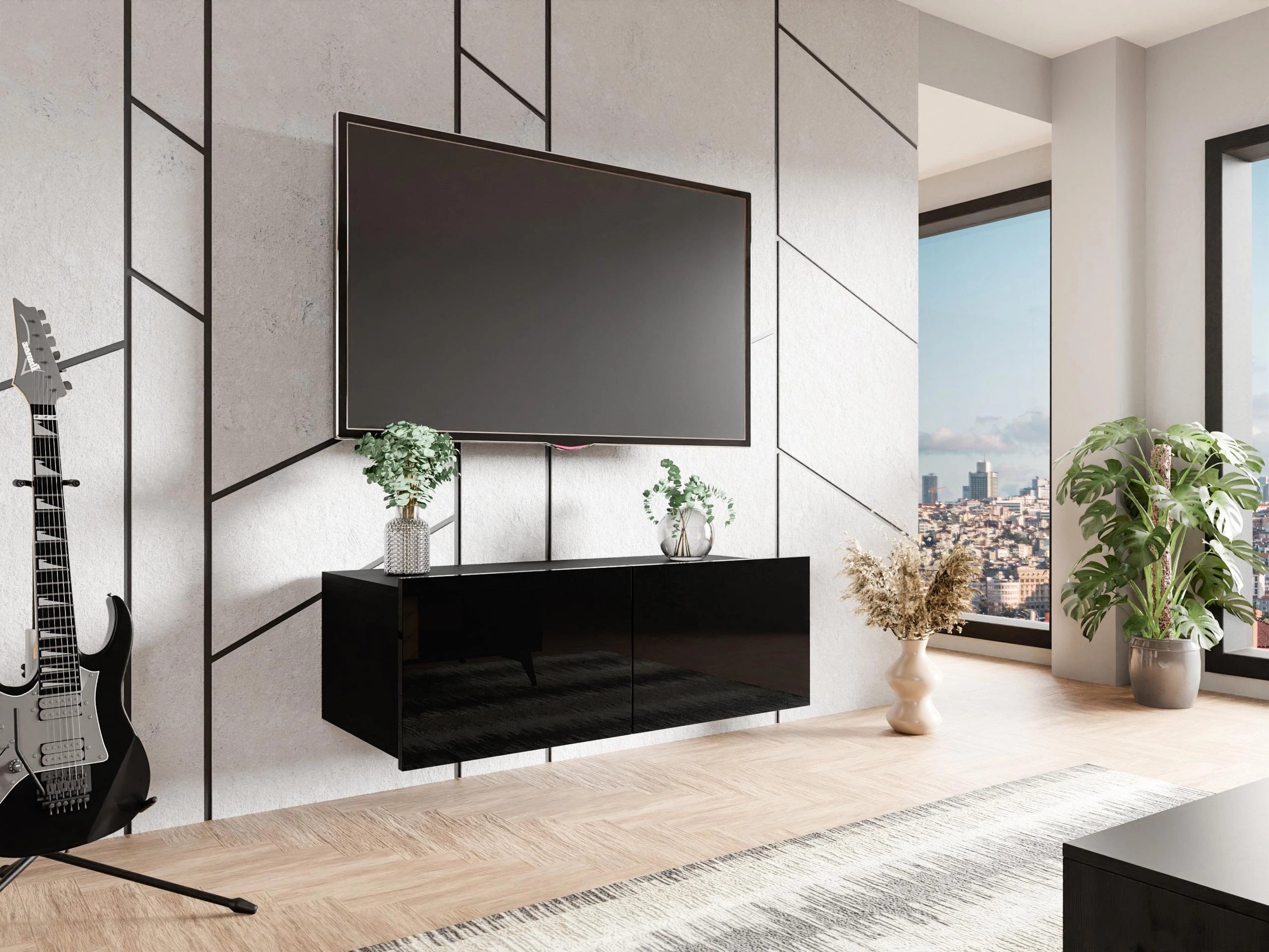 Mueble TV Remus I (Negro + Negro brillante)