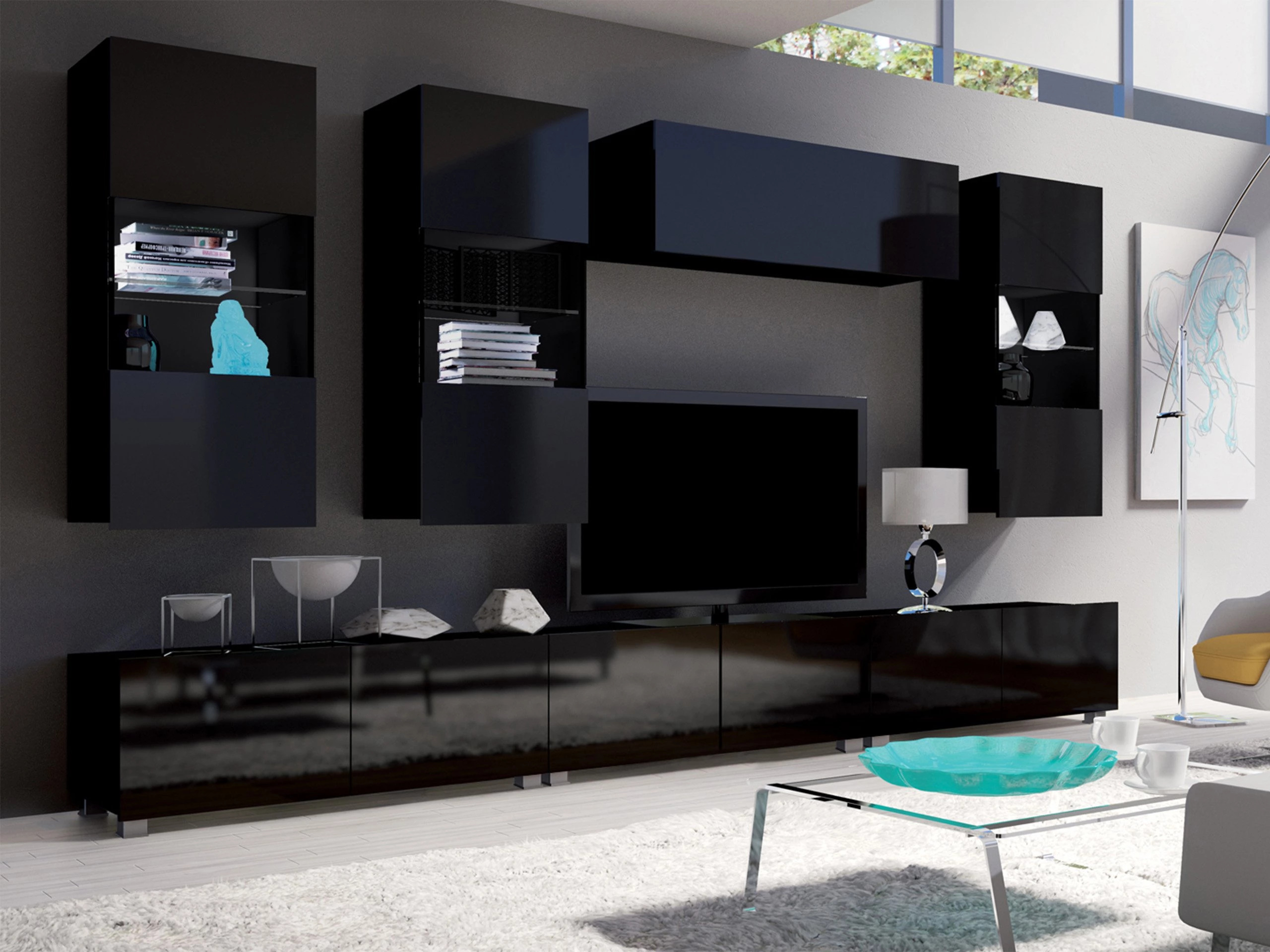 Armario de pared Remus I (Negro + Negro brillante)