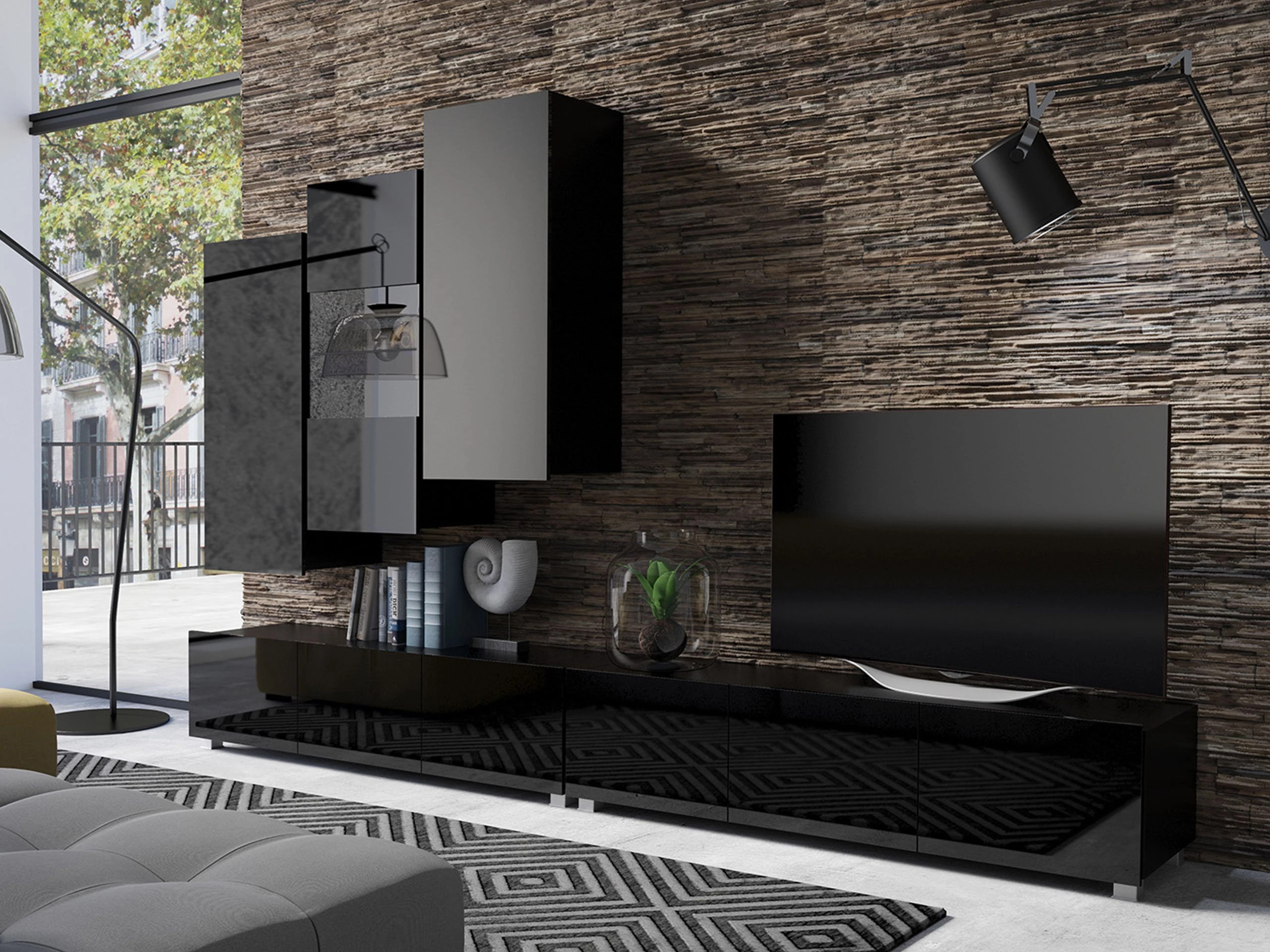 Armario de pared Tivdalu 126 (Negro + Negro brillante)