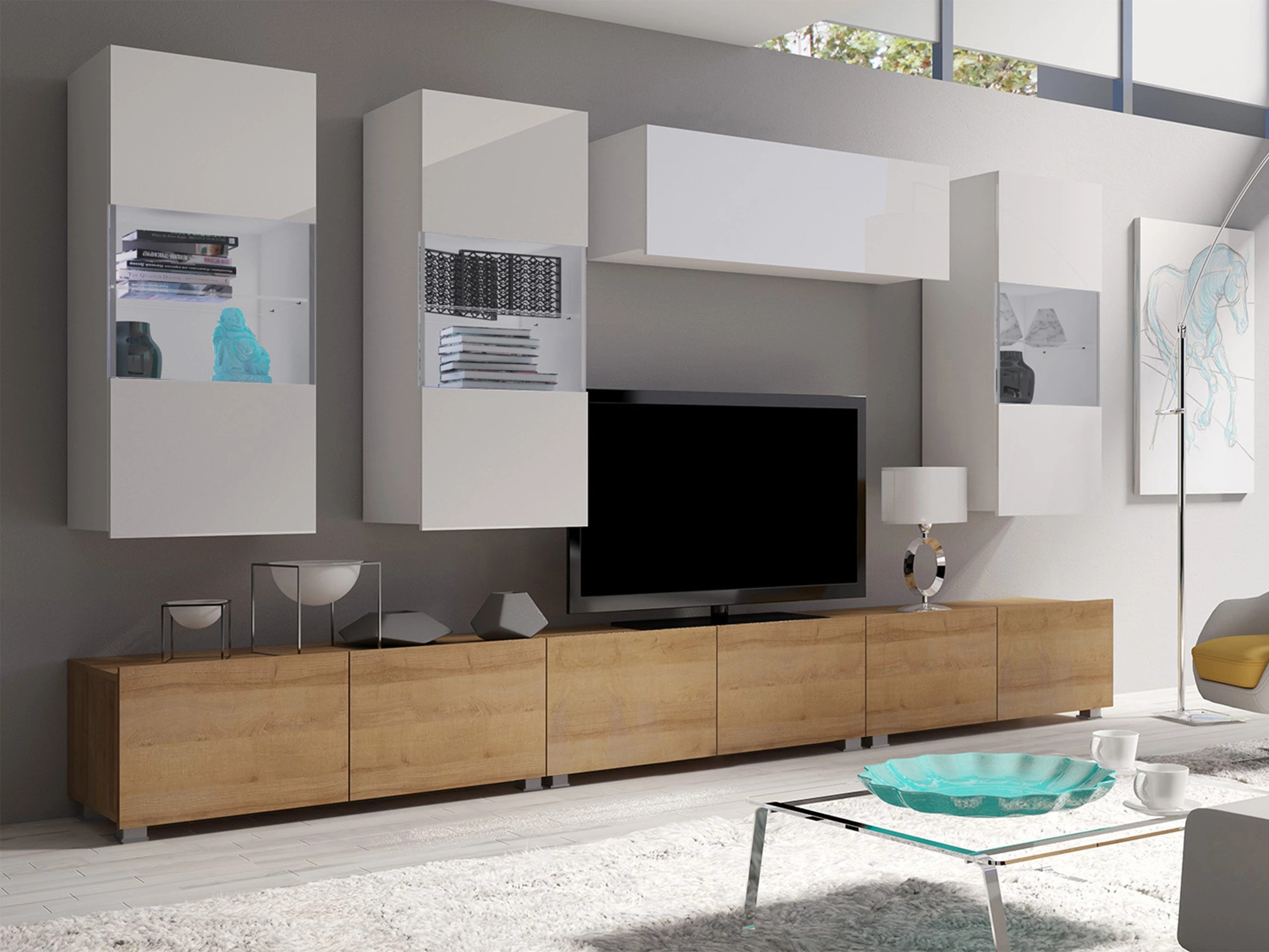 Conjunto de salón Remus XI (Roble dorado + Blanco + Blanco brillante)