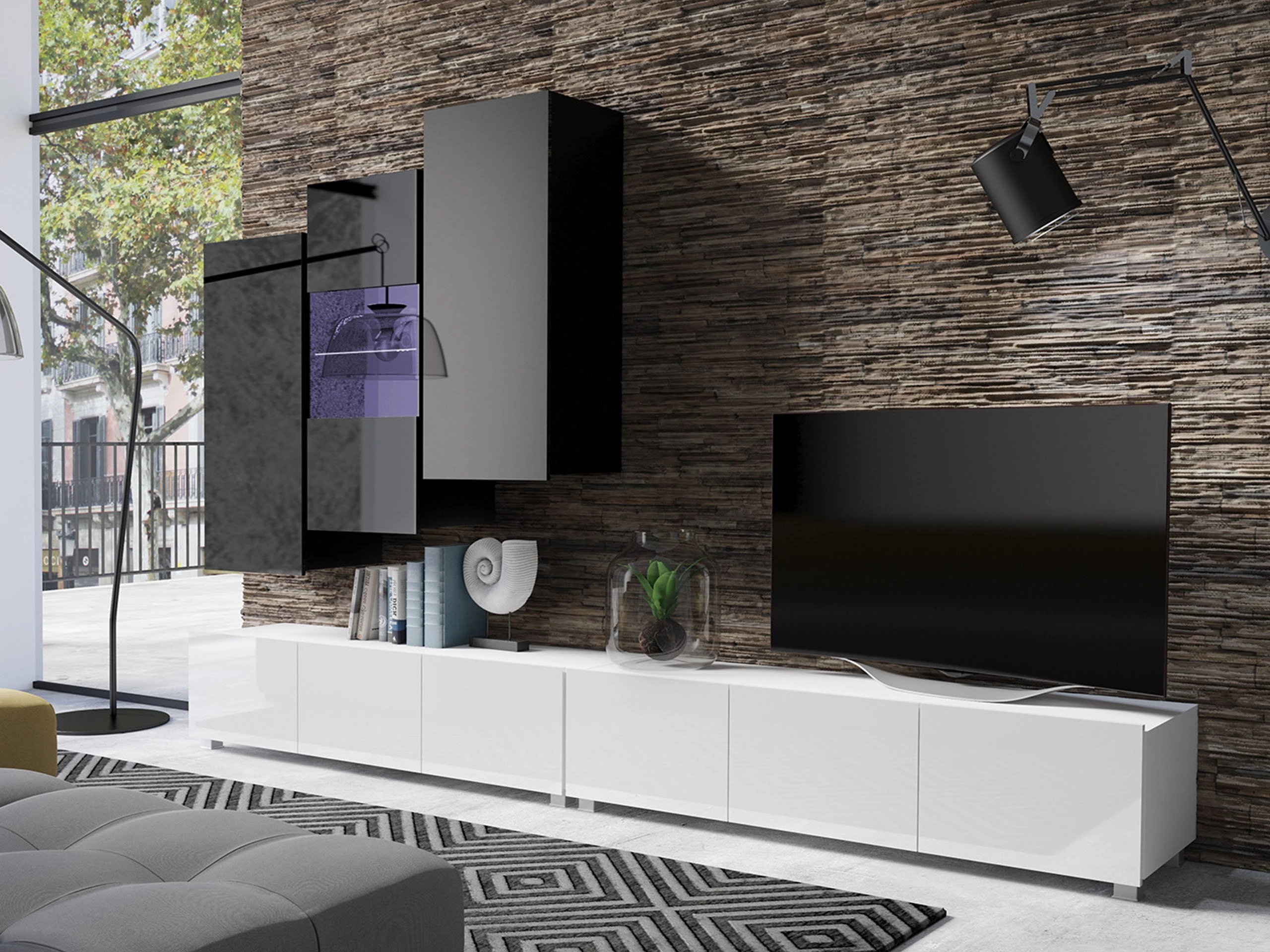 Conjunto de salón Remus XVII (Blanco + Blanco brillante + Negro + Negro brillante)
