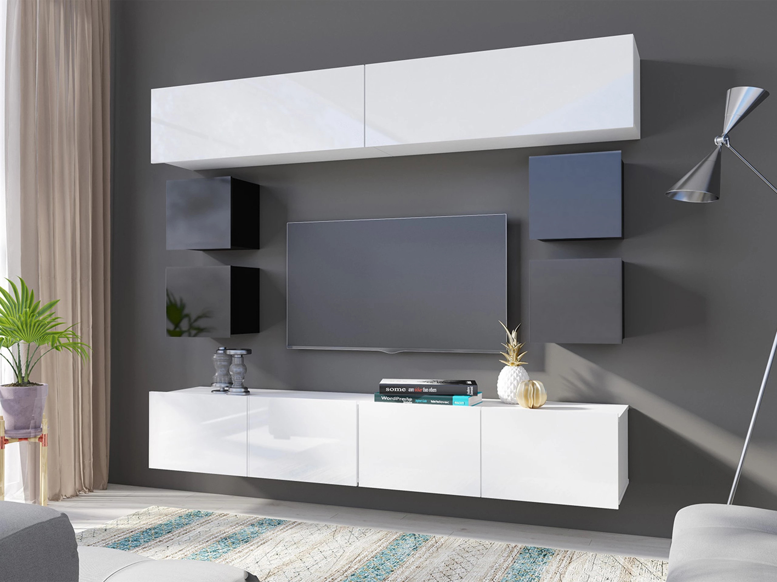 Conjunto de salón Remus XVI (Negro + Negro brillante + Blanco + Blanco brillante)