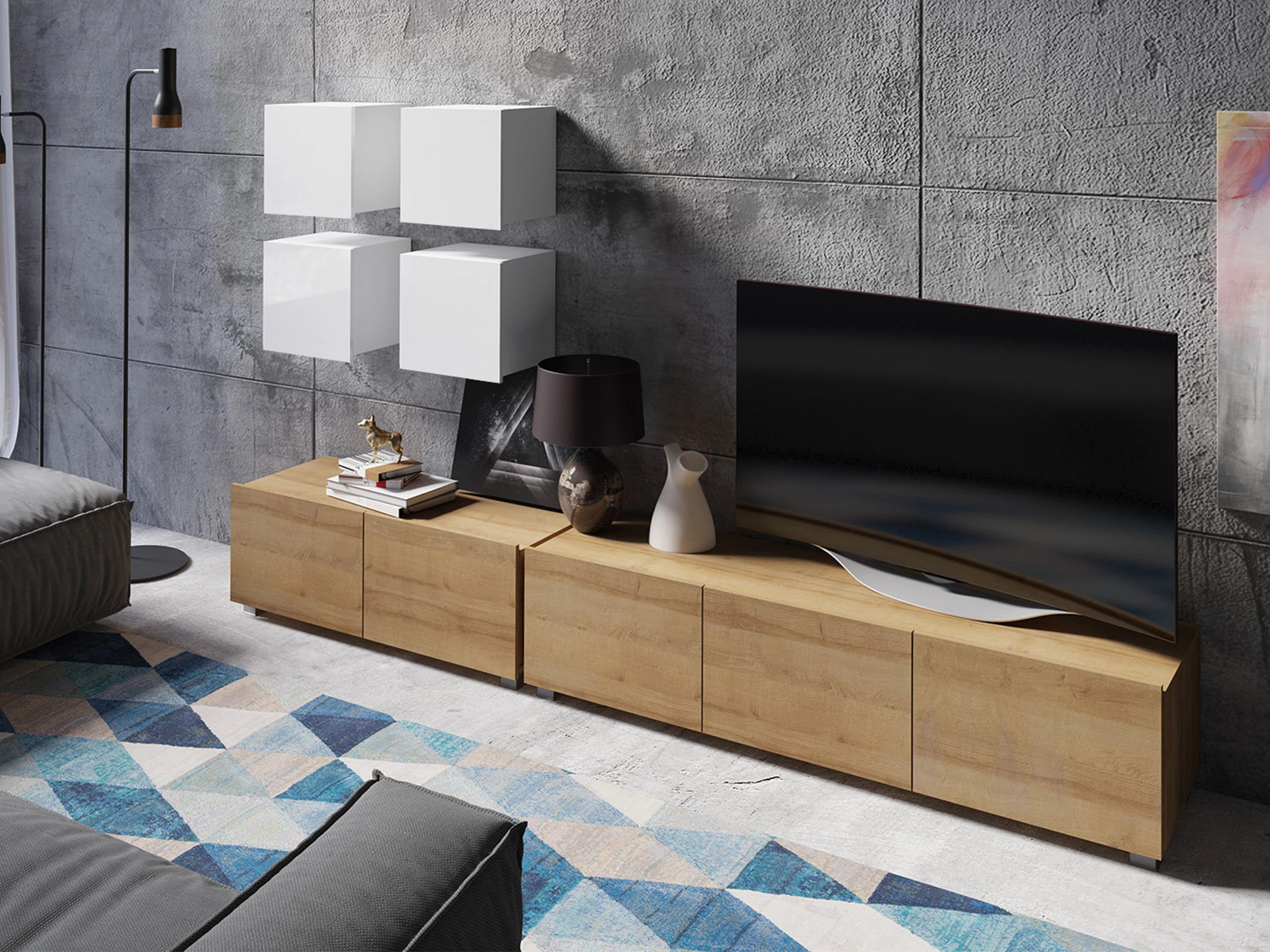 Conjunto de salón Remus XVIII (Roble dorado + Blanco + Blanco brillante)