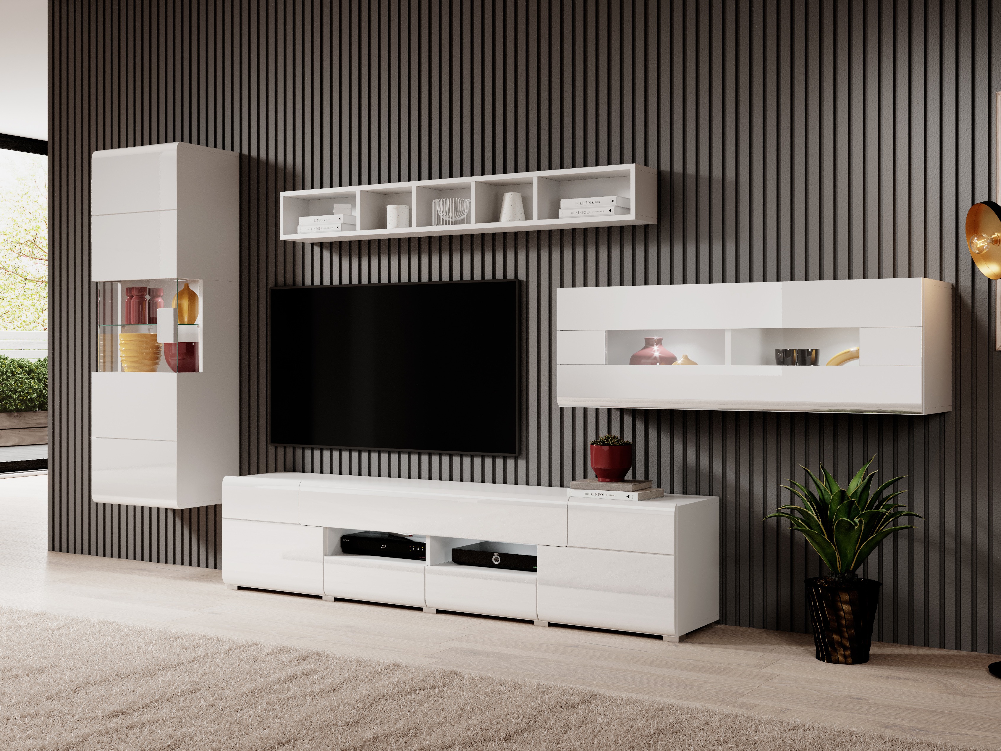 Armario de pared Torsone 116 (Blanco + Blanco brillante + Roble sanremo)