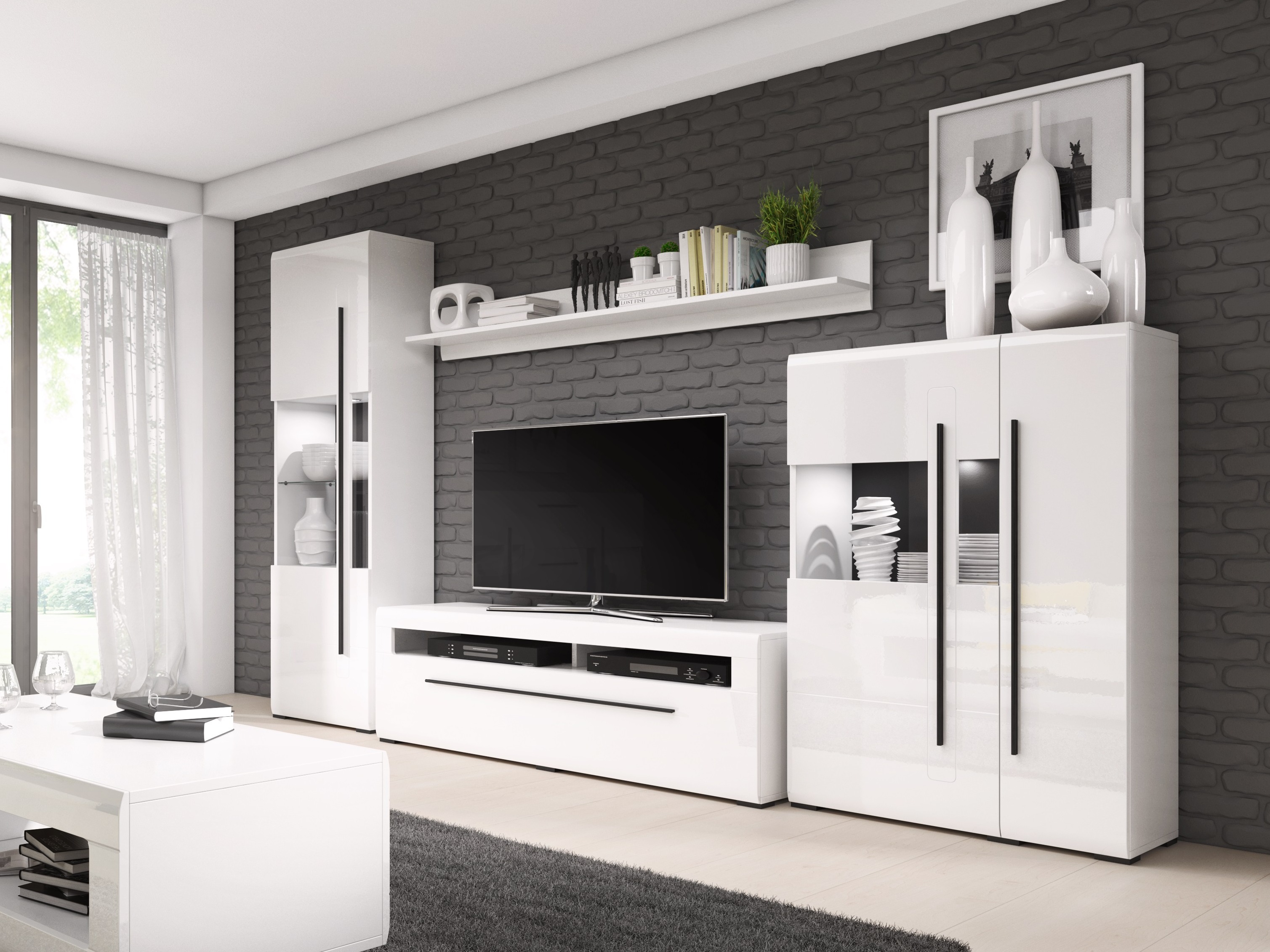 Estantería de pared Ophsalu 101 (Blanco + Blanco brillante)