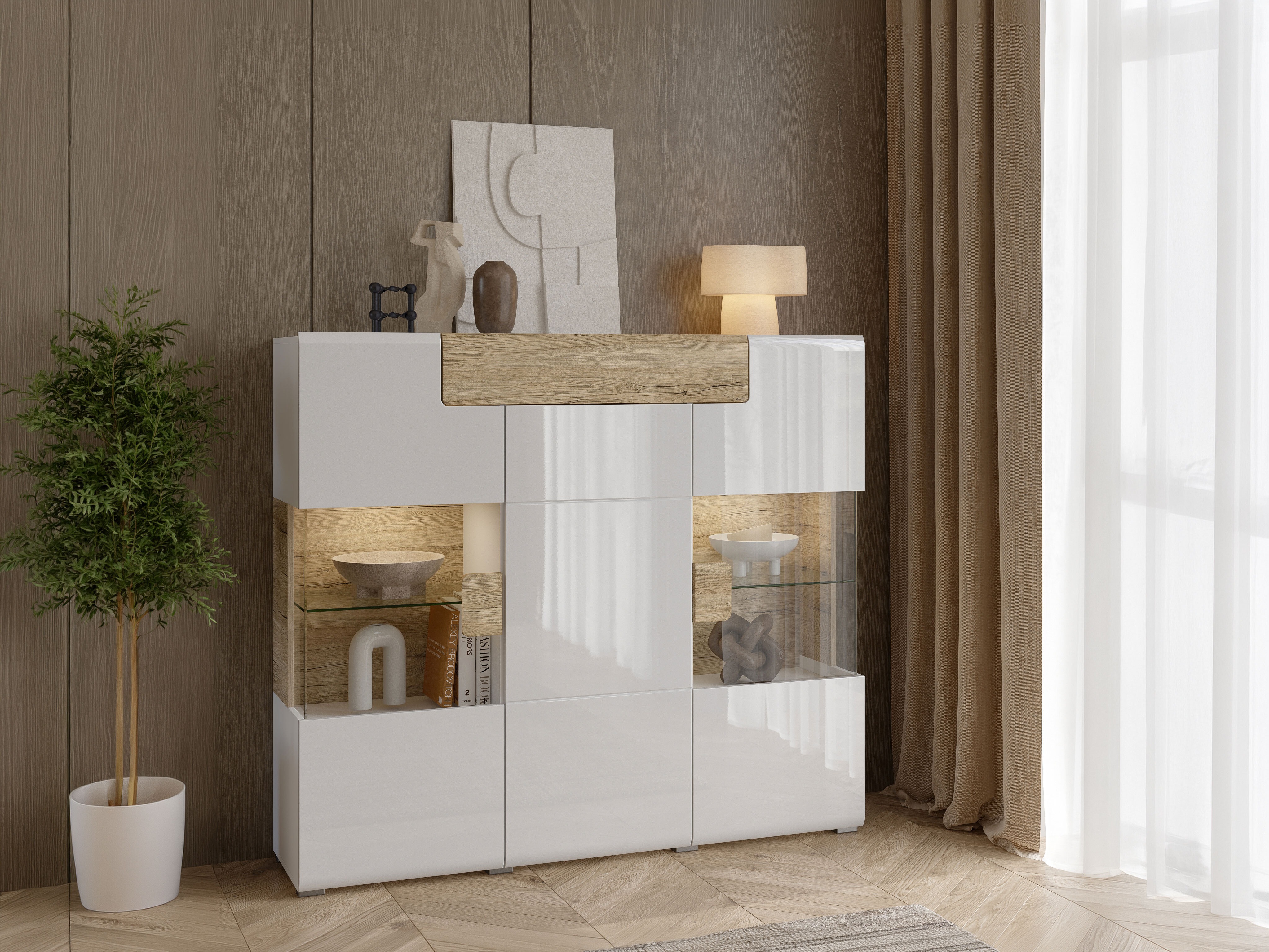 Aparador Torsone 100 (Blanco + Blanco brillante + Roble sanremo)