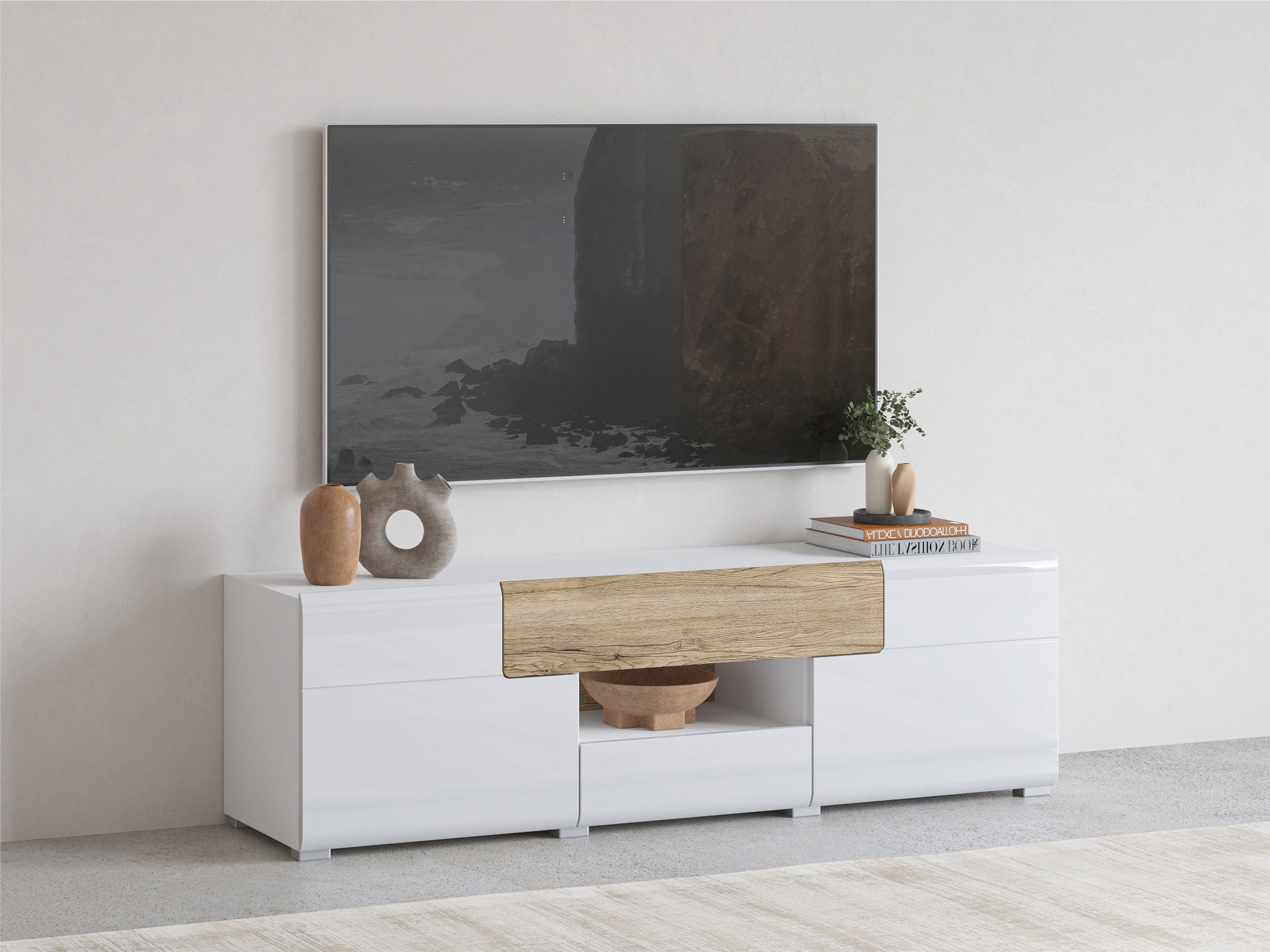 Mueble TV Torsone 101 (Blanco + Blanco brillante + Roble sanremo)
