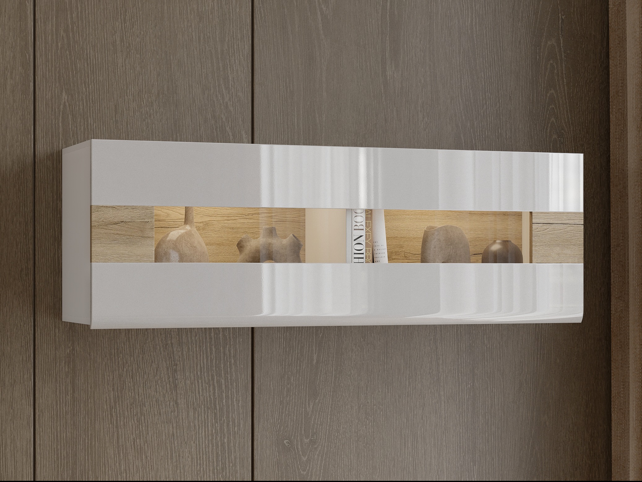 Armario de pared Torsone 116 (Blanco + Blanco brillante + Roble sanremo)