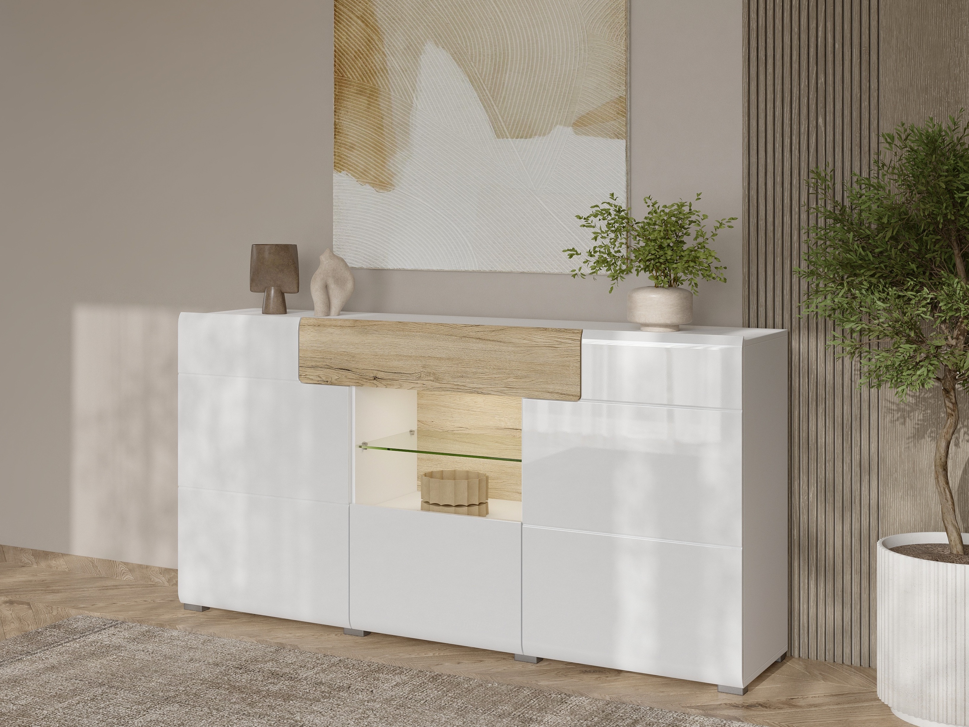 Cómoda Torsone 108 (Blanco + Blanco brillante + Roble sanremo)