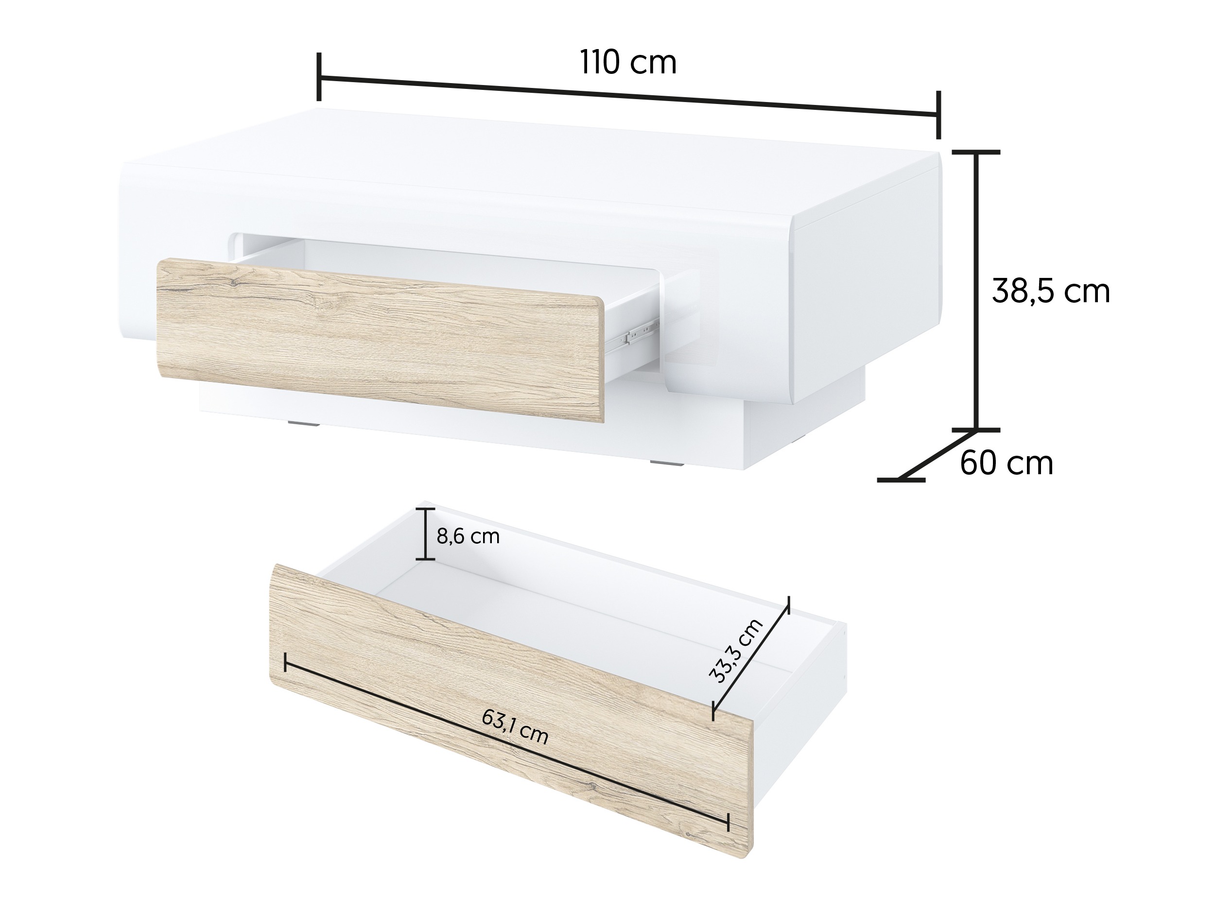 Mesa de centro Torsone 111 (Blanco + Blanco brillante + Roble sanremo)