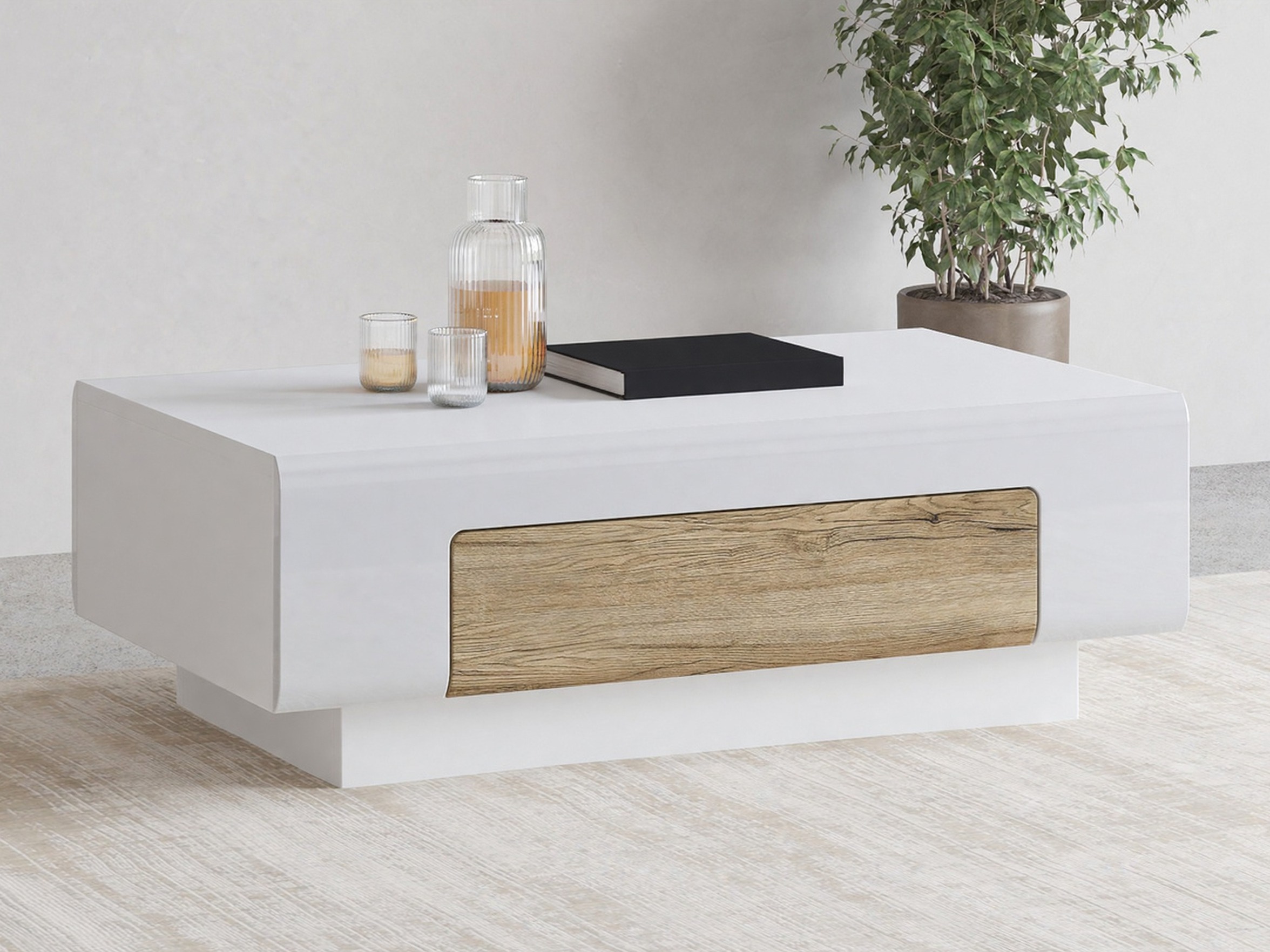 Mesa de centro Torsone 111 (Blanco + Blanco brillante + Roble sanremo)