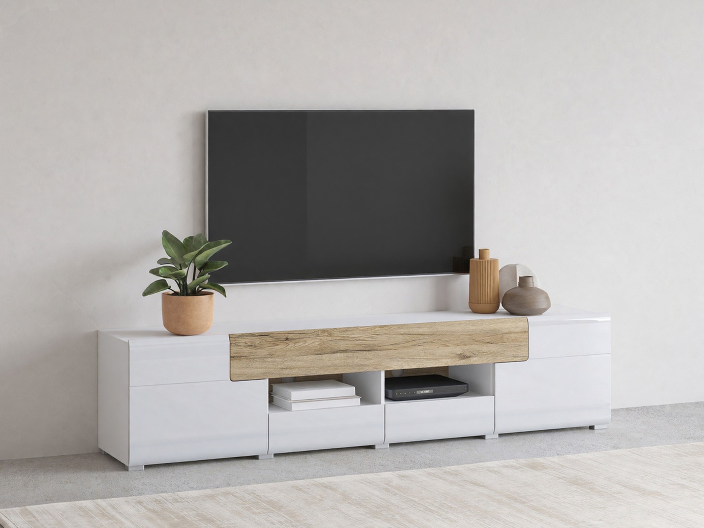 Mueble TV Torsone 113 (Blanco + Blanco brillante + Roble sanremo)